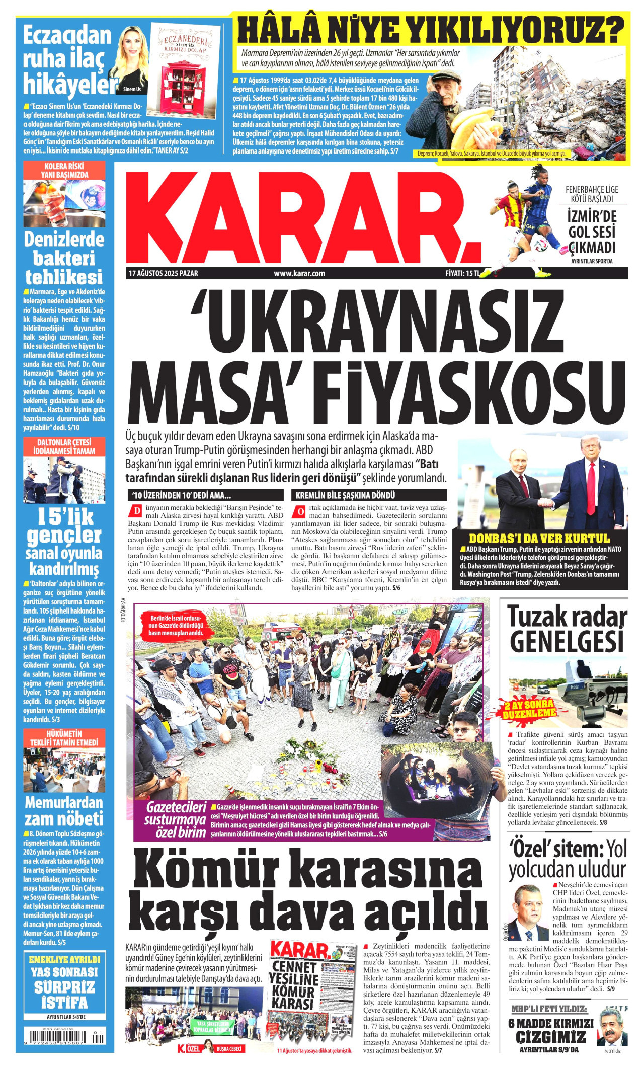 KARAR gazetesinin 17 Ağustos 2025 tarihli birinci sayfası
