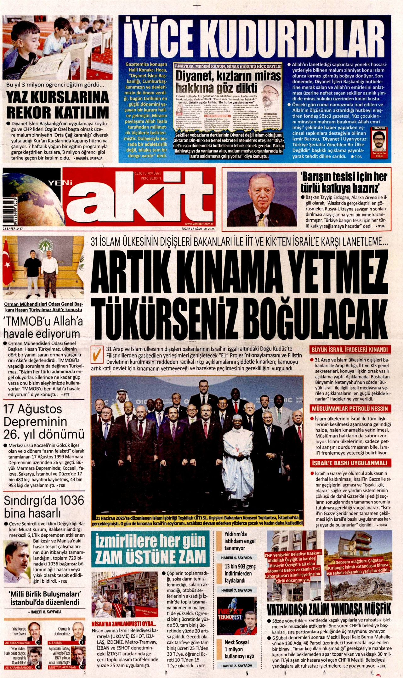 YENİ AKİT gazetesinin 17 Ağustos 2025 tarihli birinci sayfası