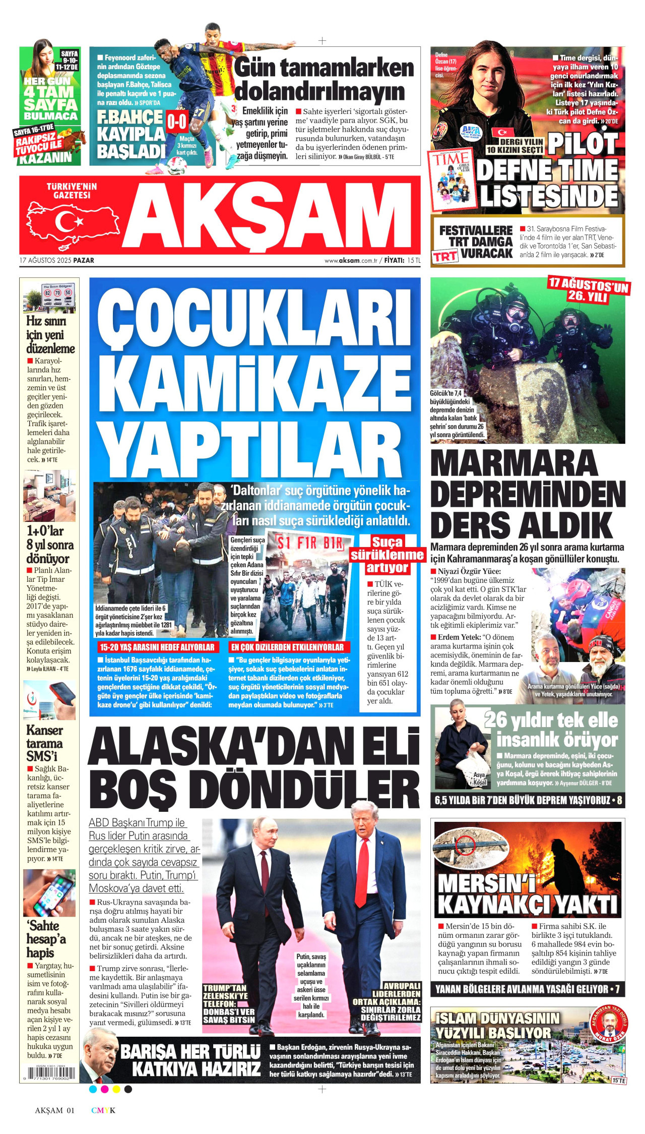 AKŞAM gazetesinin 17 Ağustos 2025 tarihli birinci sayfası