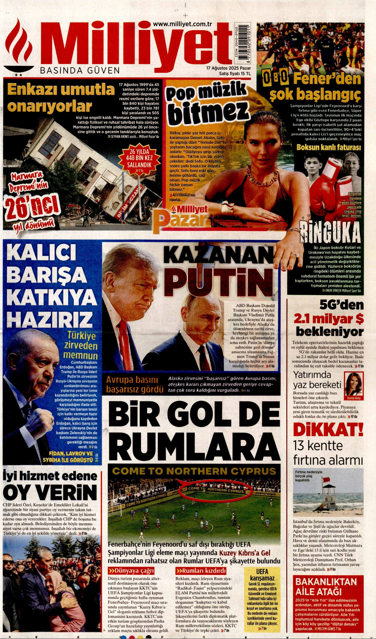 MİLLİYET gazetesinin 17 Ağustos 2025 tarihli birinci sayfası