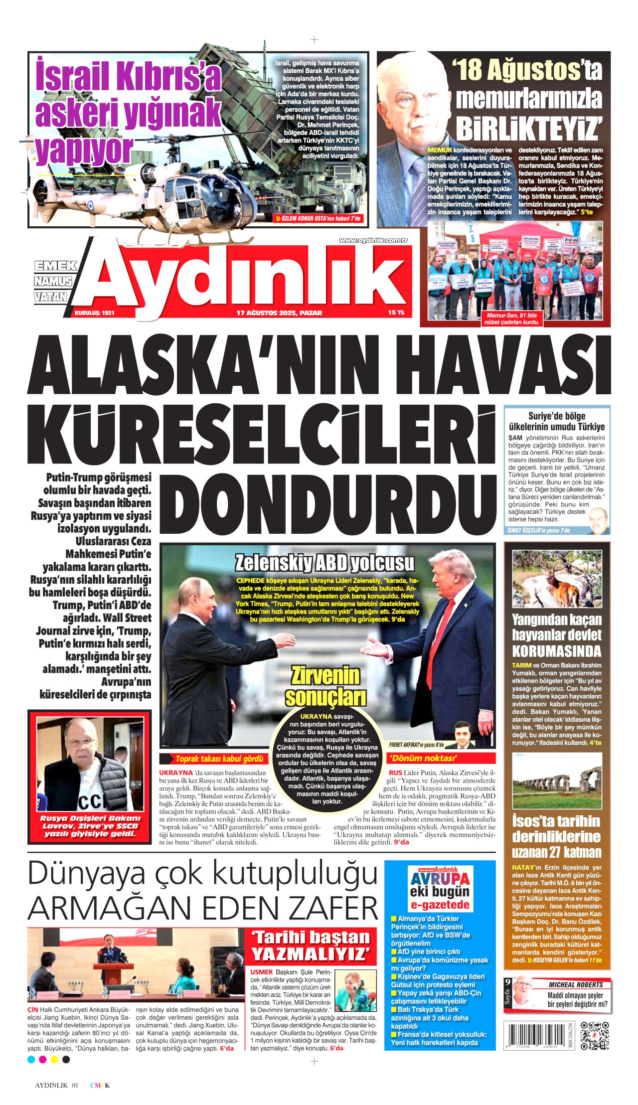 AYDINLIK GAZETESİ gazetesinin 17 Ağustos 2025 tarihli birinci sayfası