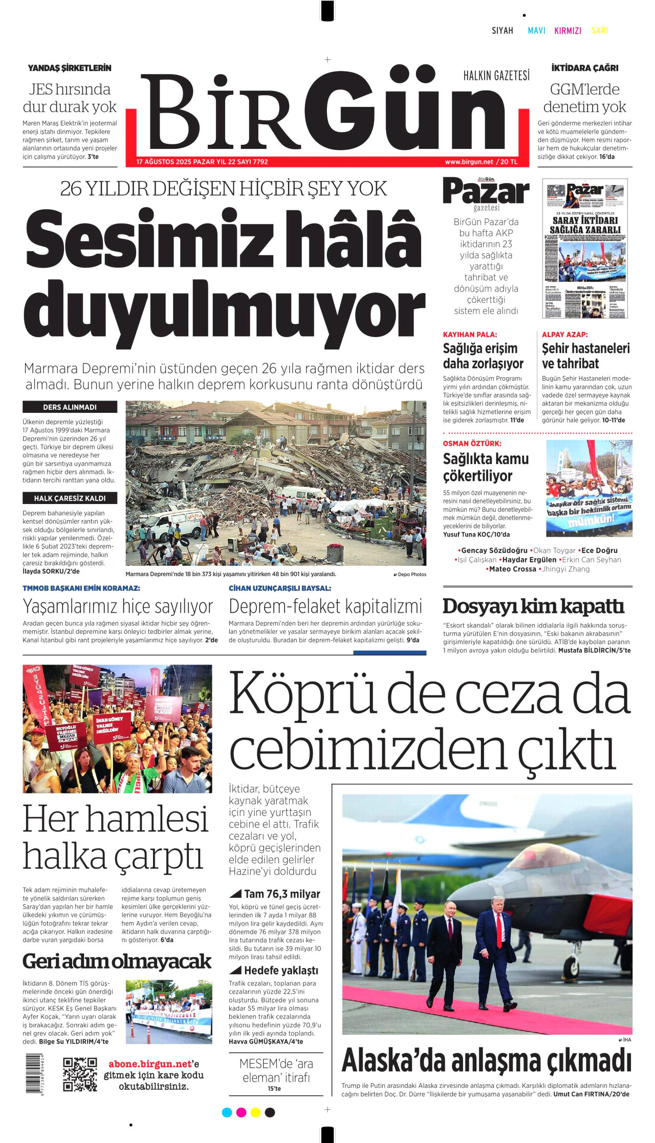 BİRGÜN gazetesinin 17 Ağustos 2025 tarihli birinci sayfası