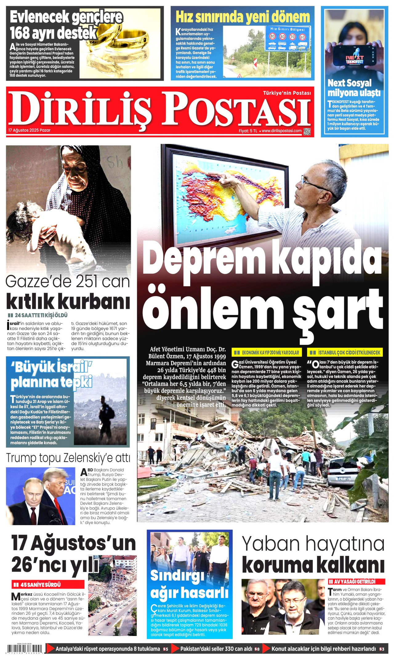 DİRİLİŞ POSTASI gazetesinin 17 Ağustos 2025 tarihli birinci sayfası