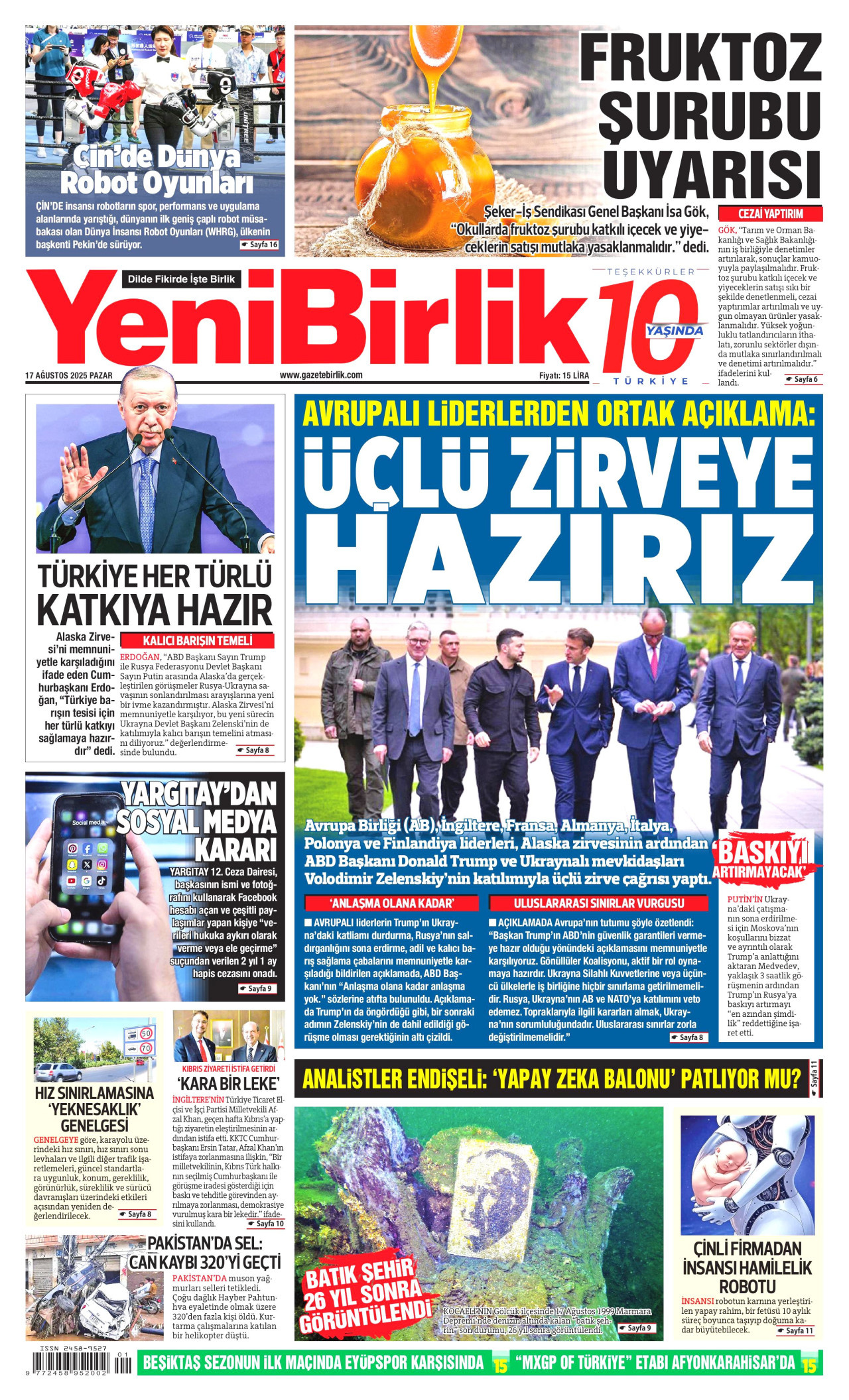 YENİBİRLİK gazetesinin 17 Ağustos 2025 tarihli birinci sayfası