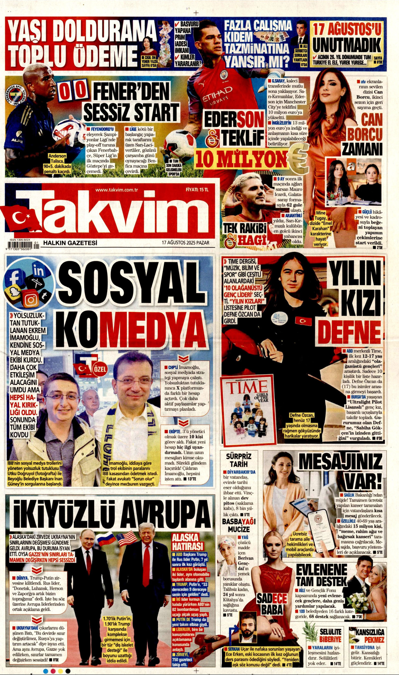 TAKVİM gazetesinin 17 Ağustos 2025 tarihli birinci sayfası