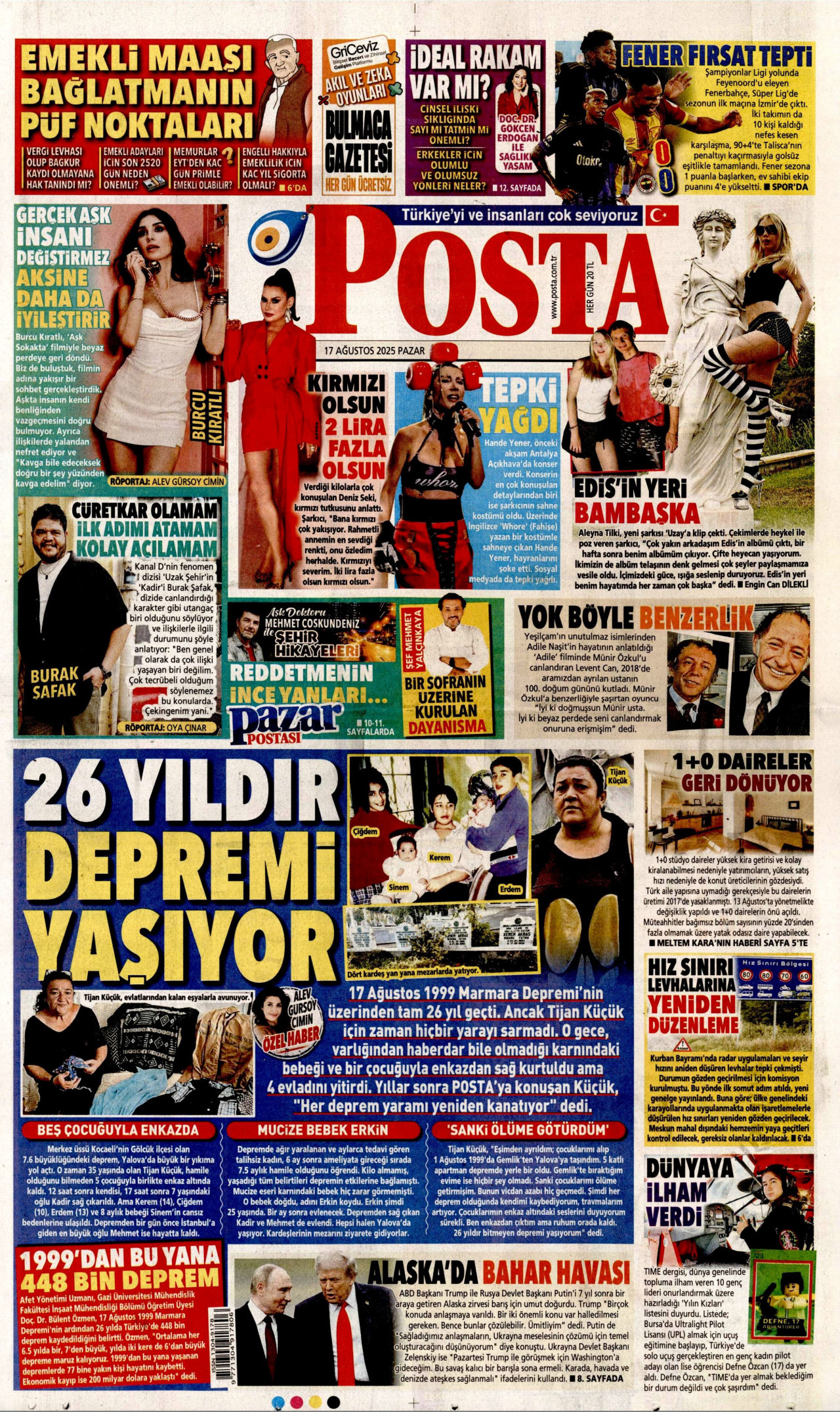 POSTA gazetesinin 17 Ağustos 2025 tarihli birinci sayfası