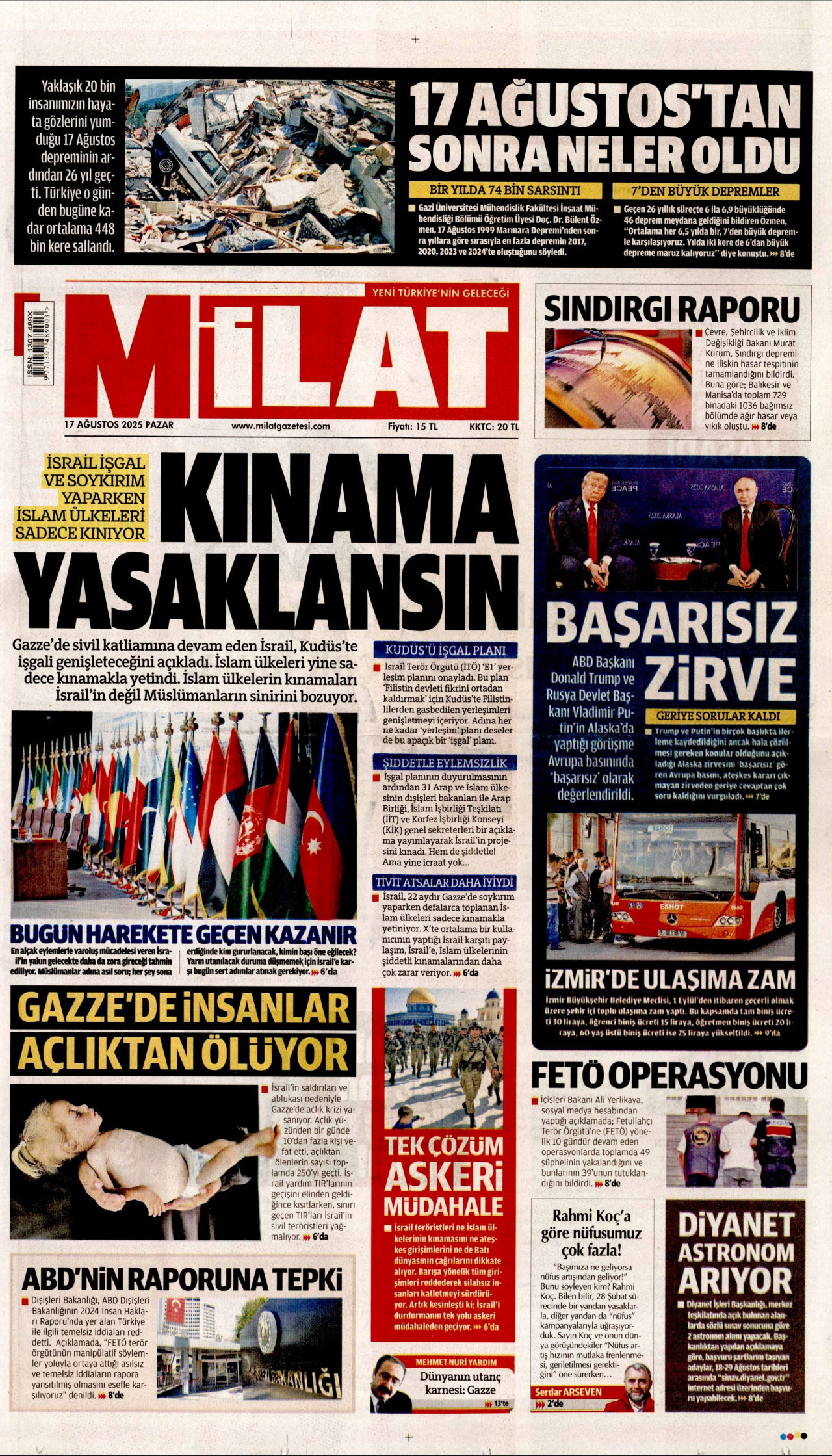 MİLAT gazetesinin 17 Ağustos 2025 tarihli birinci sayfası