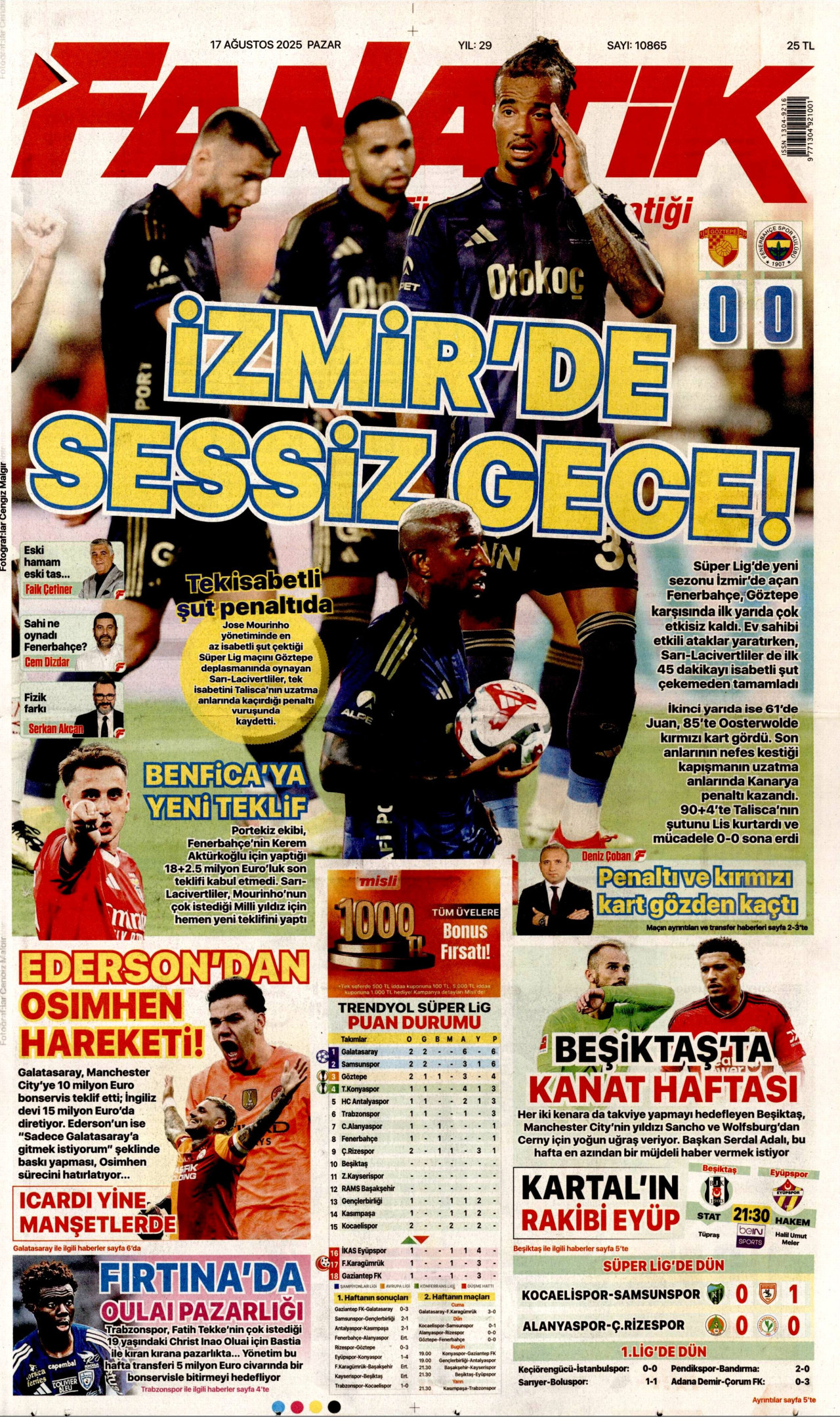 FANATİK gazetesinin 17 Ağustos 2025 tarihli birinci sayfası