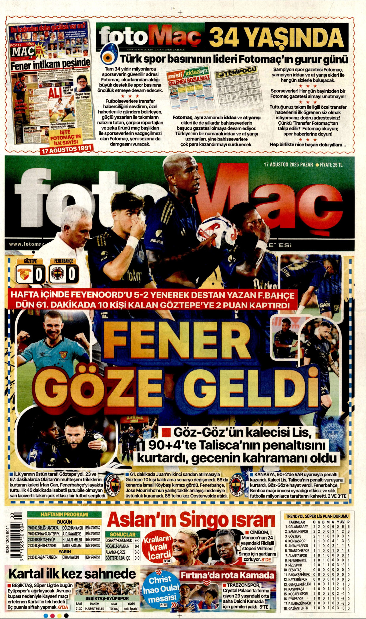 FOTOMAÇ gazetesinin 17 Ağustos 2025 tarihli birinci sayfası