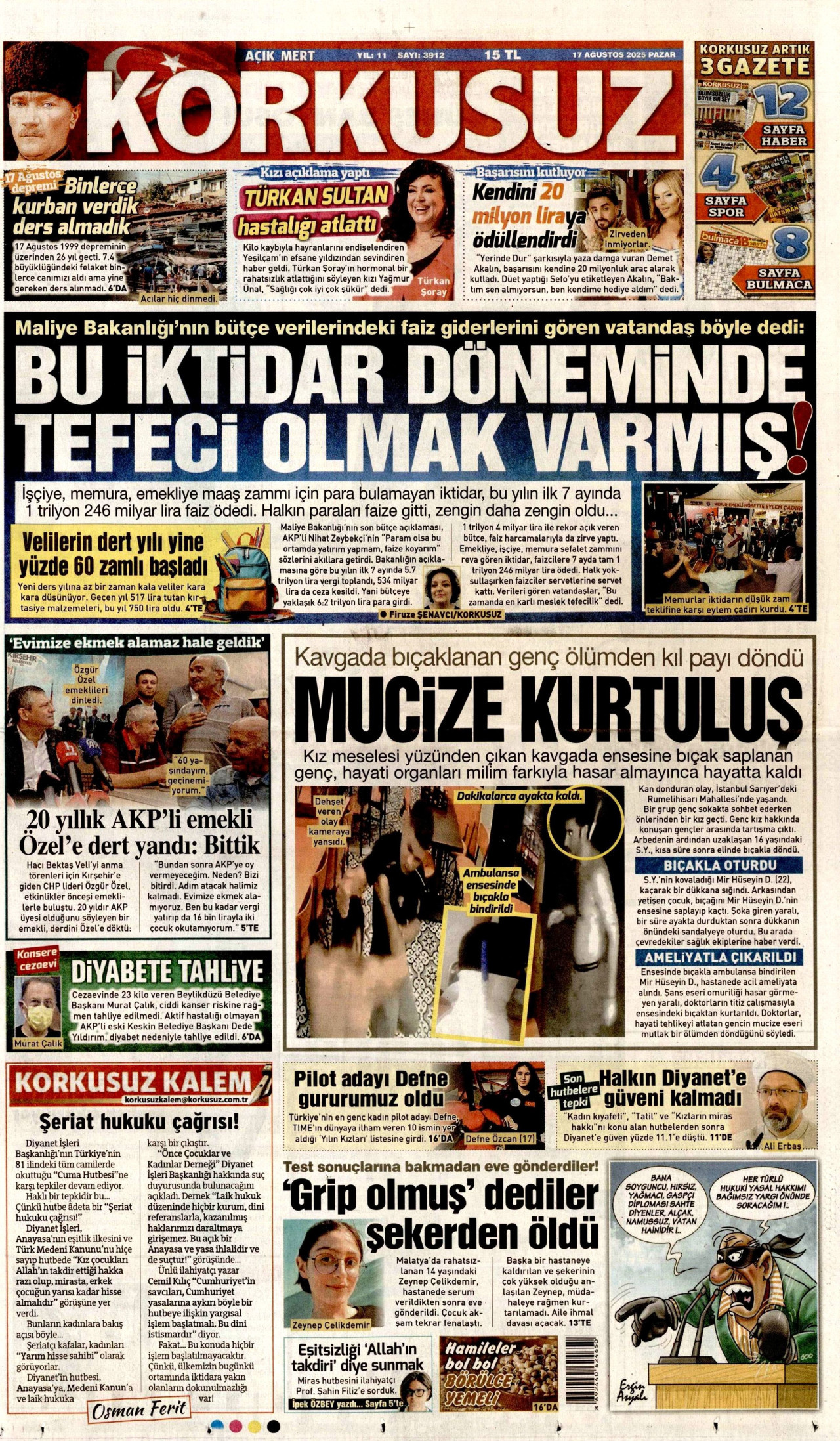 KORKUSUZ gazetesinin 17 Ağustos 2025 tarihli birinci sayfası