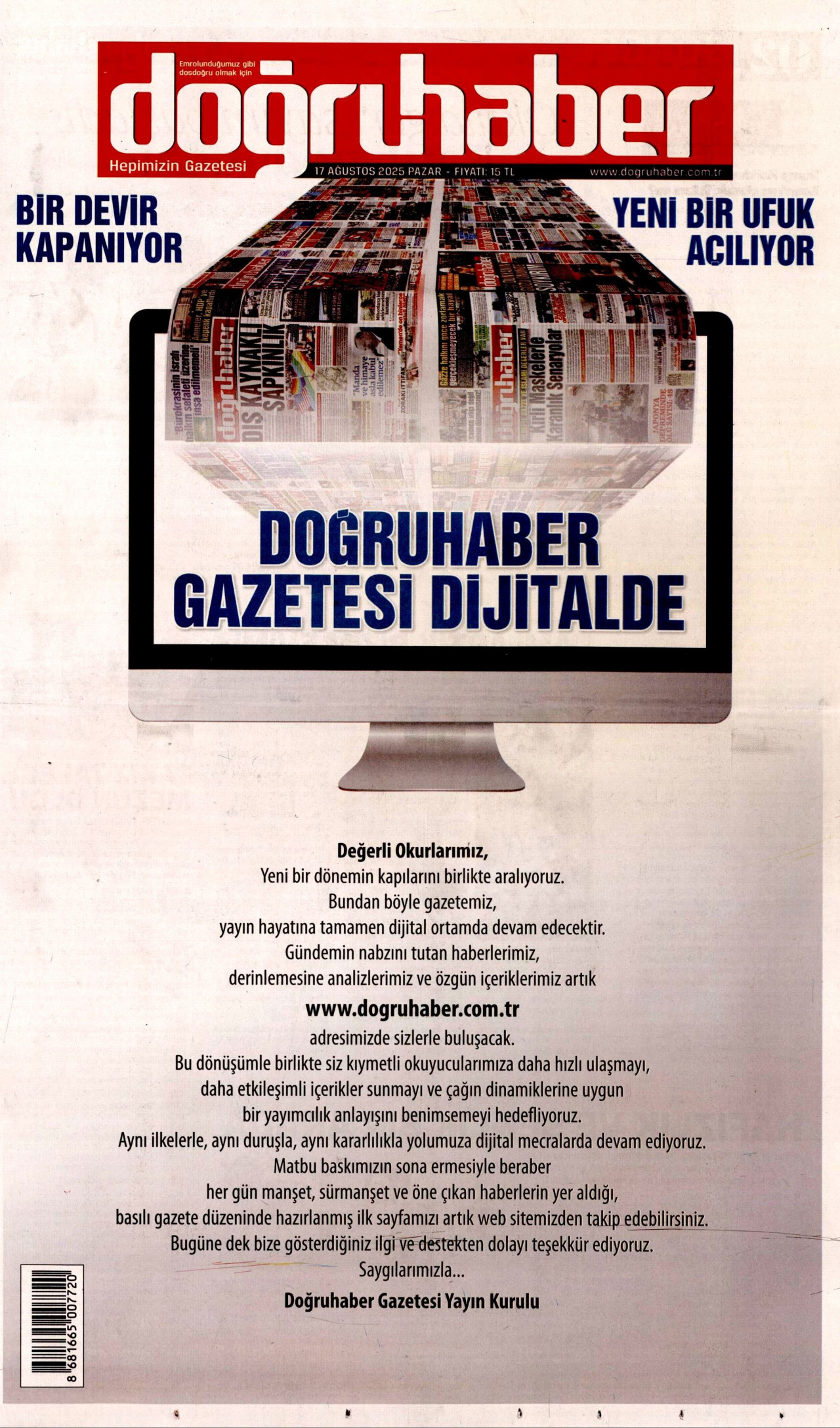 DOĞRU HABER gazetesinin 17 Ağustos 2025 tarihli birinci sayfası