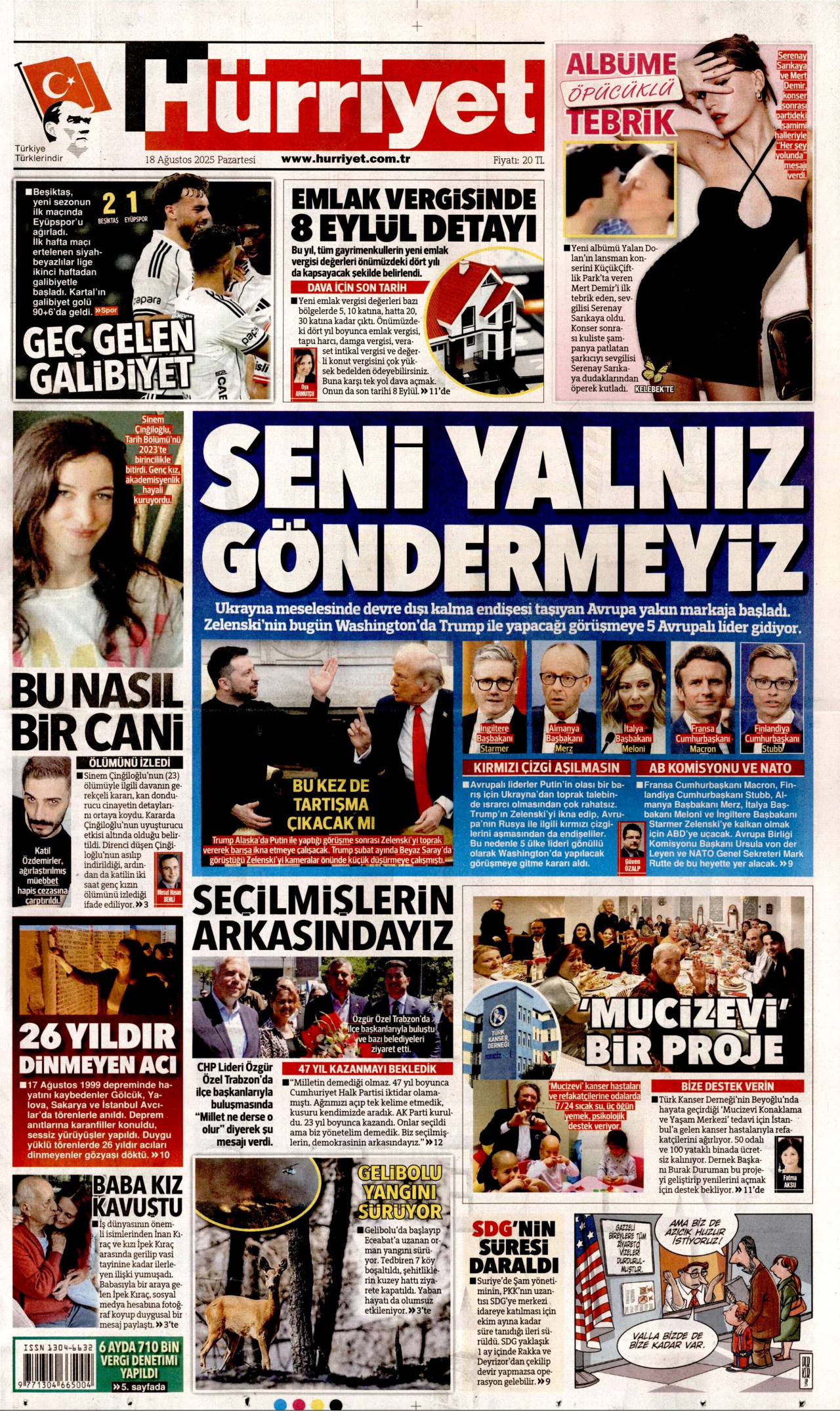 HÜRRİYET gazetesinin 18 Ağustos 2025 tarihli birinci sayfası