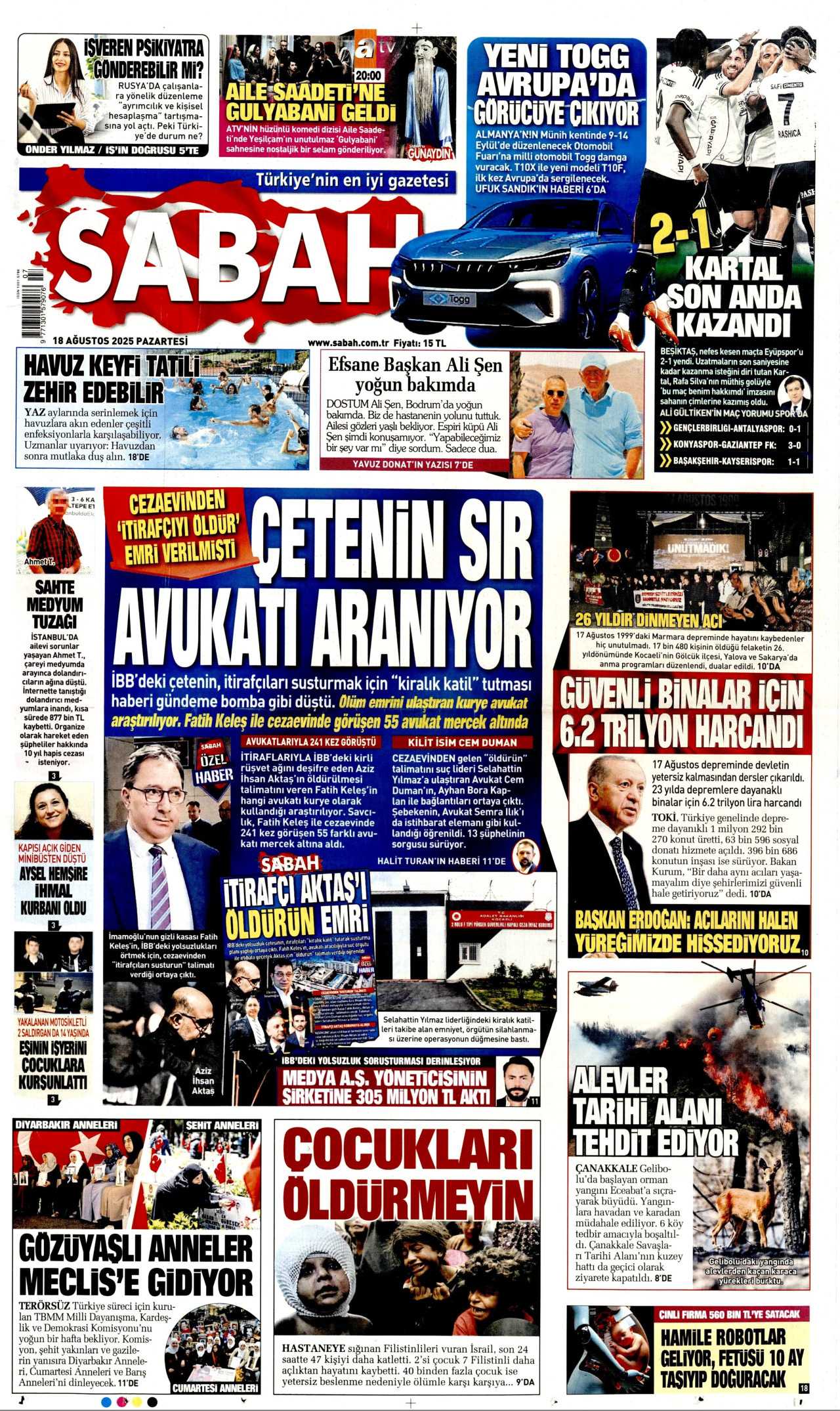 SABAH gazetesinin 18 Ağustos 2025 tarihli birinci sayfası