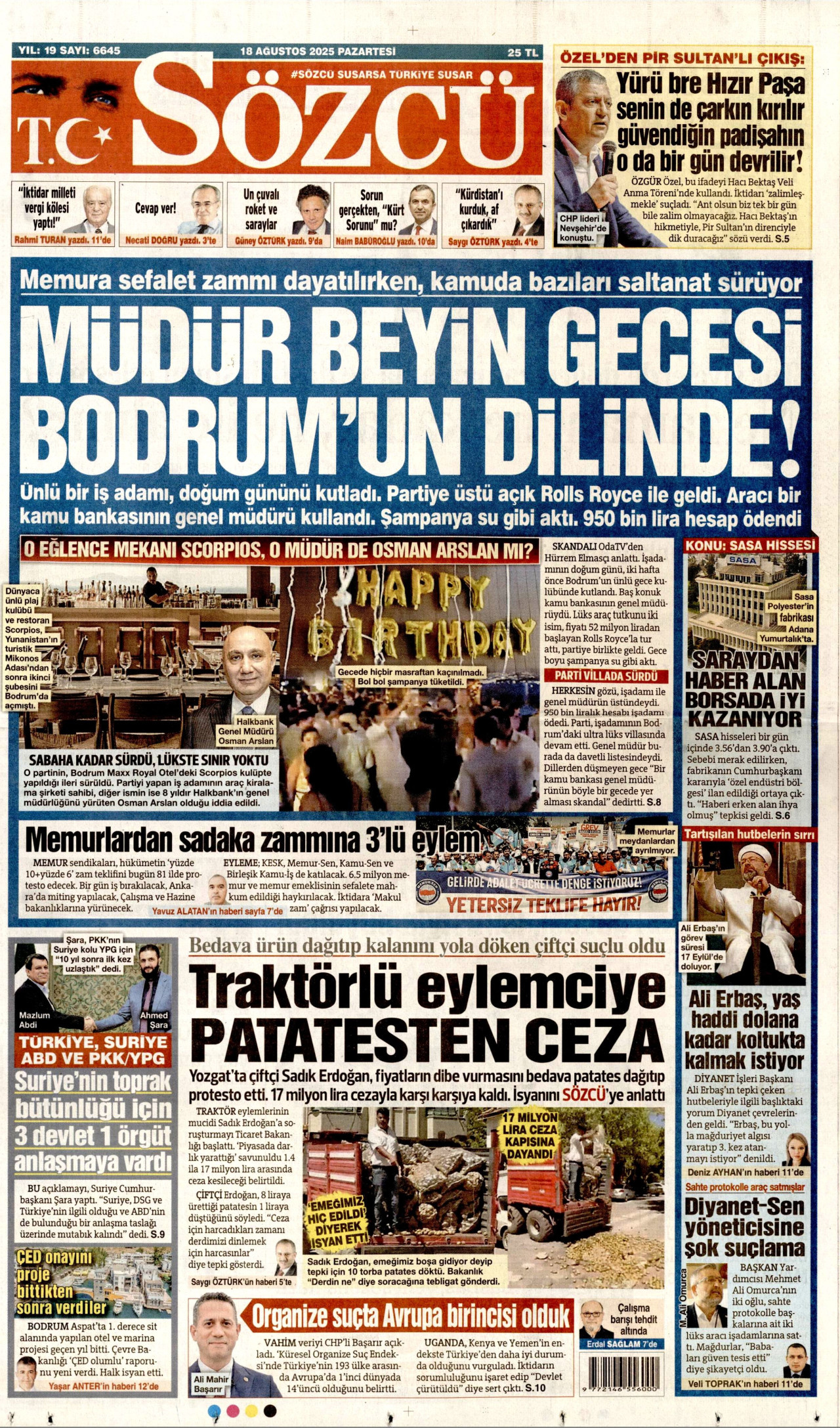 SÖZCÜ gazetesinin 18 Ağustos 2025 tarihli birinci sayfası