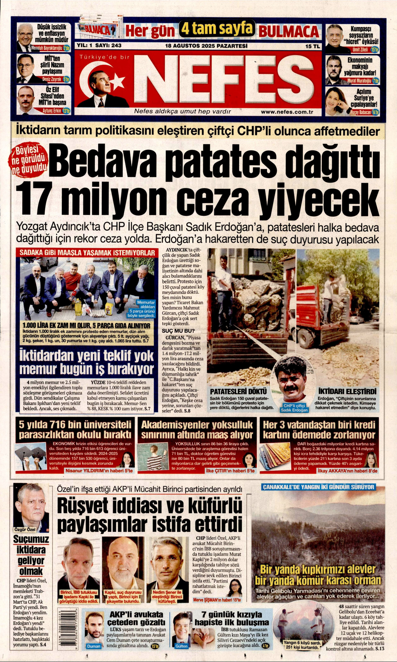 NEFES gazetesinin 18 Ağustos 2025 tarihli birinci sayfası