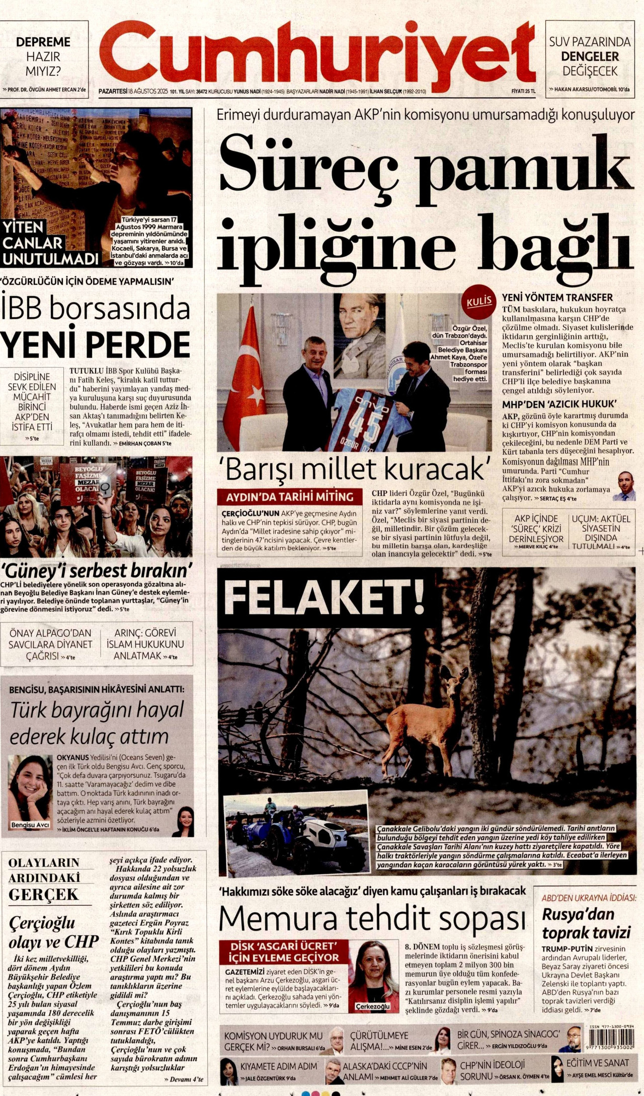 CUMHURİYET gazetesinin 18 Ağustos 2025 tarihli birinci sayfası