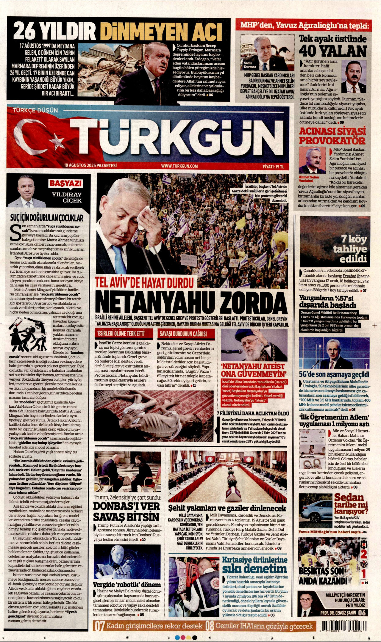 TÜRKGÜN gazetesinin 18 Ağustos 2025 tarihli birinci sayfası