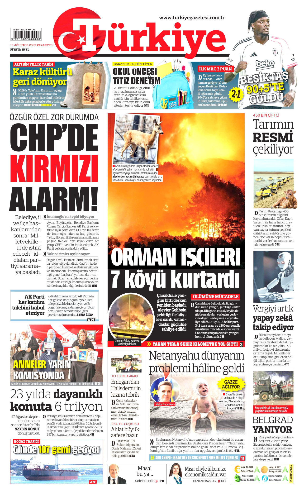 TÜRKİYE GAZETESİ gazetesinin 18 Ağustos 2025 tarihli birinci sayfası