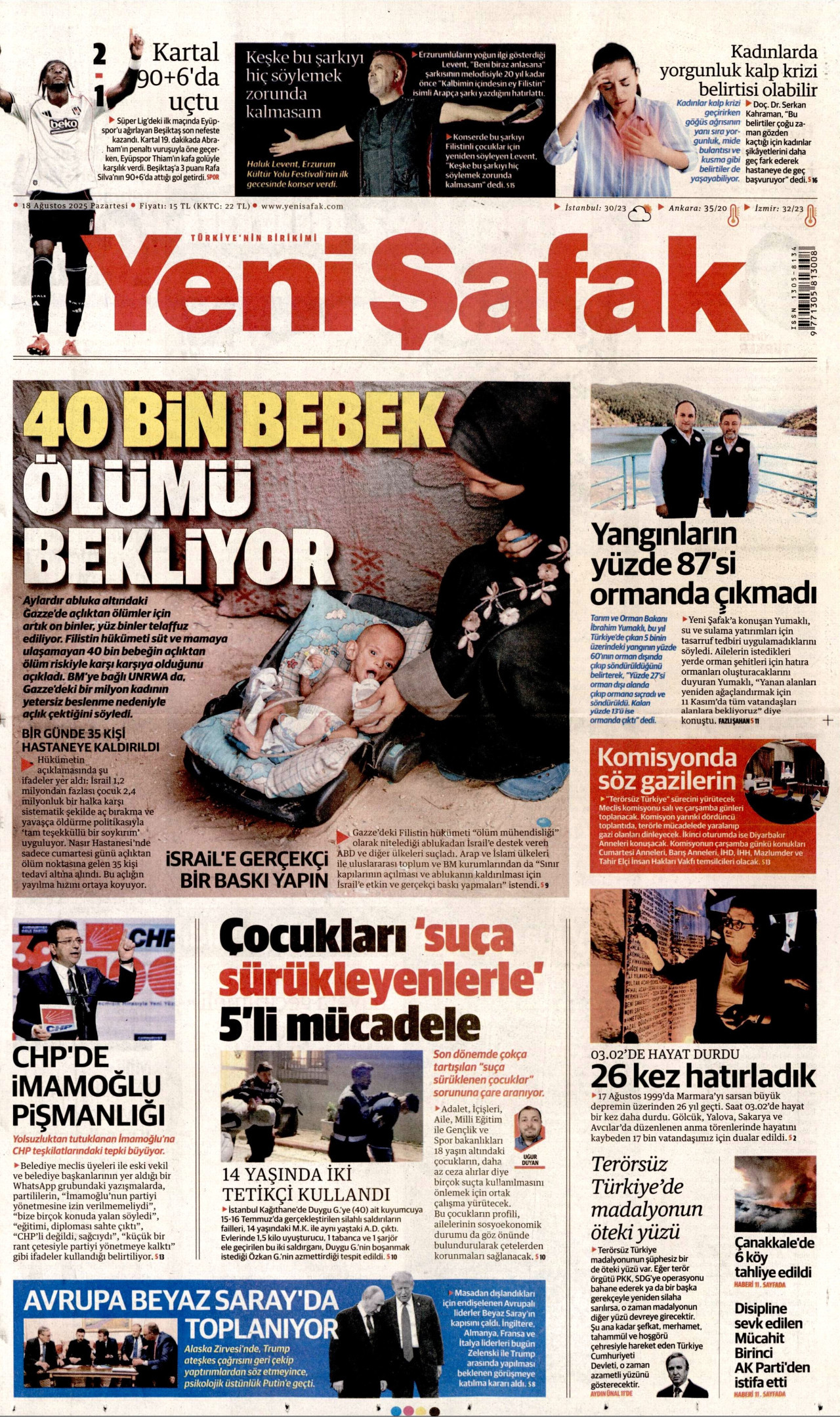 YENİ ŞAFAK gazetesinin 18 Ağustos 2025 tarihli birinci sayfası