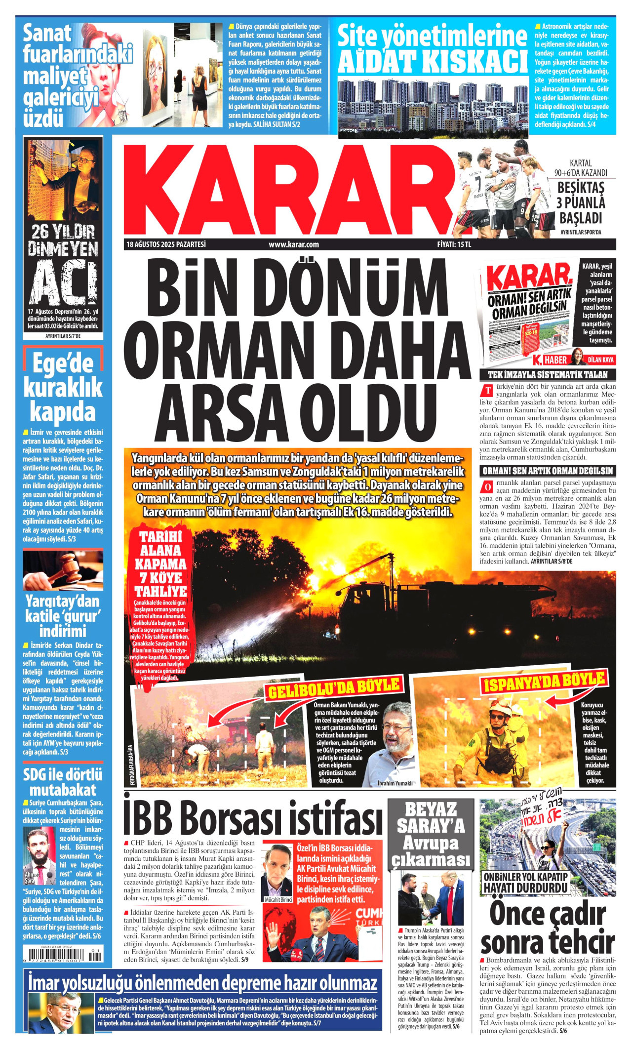 KARAR gazetesinin 18 Ağustos 2025 tarihli birinci sayfası