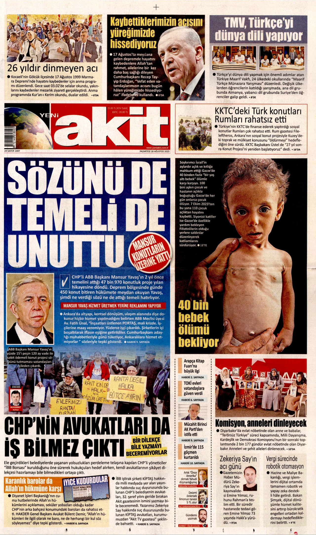 YENİ AKİT gazetesinin 18 Ağustos 2025 tarihli birinci sayfası