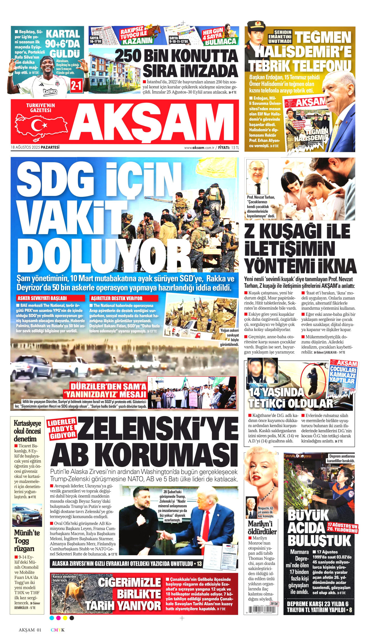 AKŞAM gazetesinin 18 Ağustos 2025 tarihli birinci sayfası
