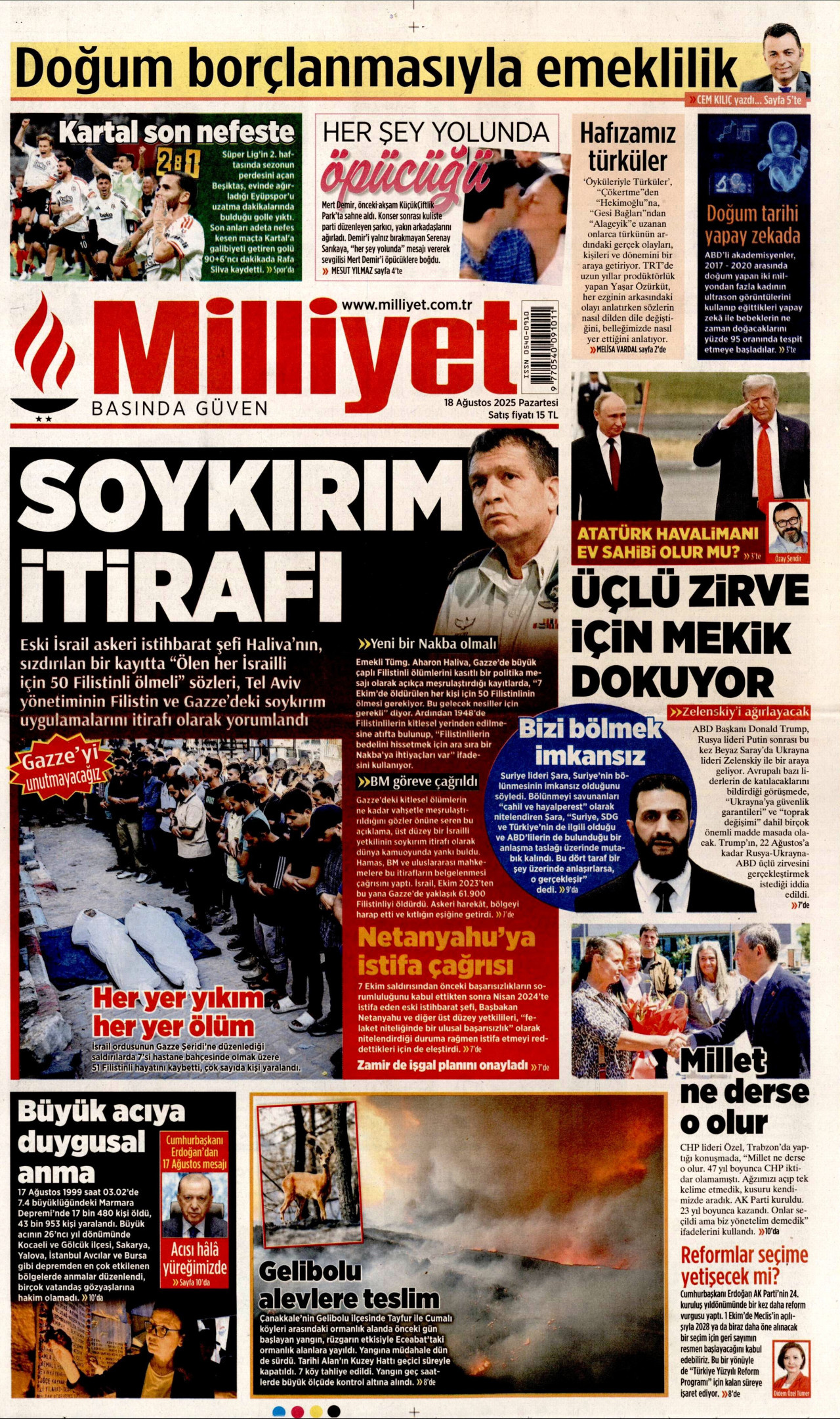 MİLLİYET gazetesinin 18 Ağustos 2025 tarihli birinci sayfası
