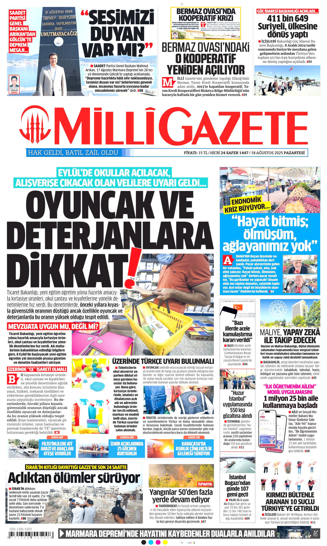 MİLLİ GAZETE gazetesinin 18 Ağustos 2025 tarihli birinci sayfası