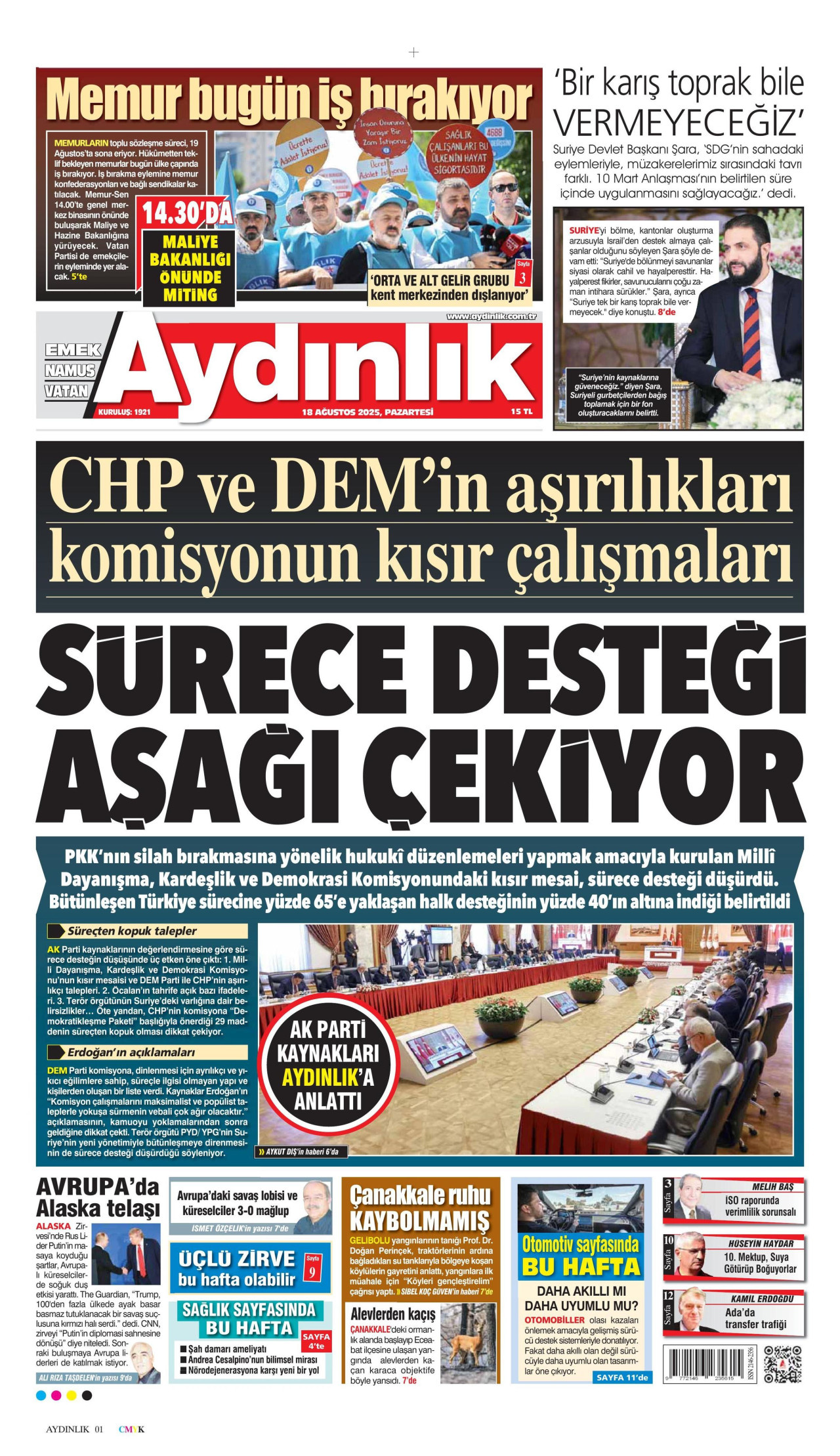 AYDINLIK GAZETESİ gazetesinin 18 Ağustos 2025 tarihli birinci sayfası