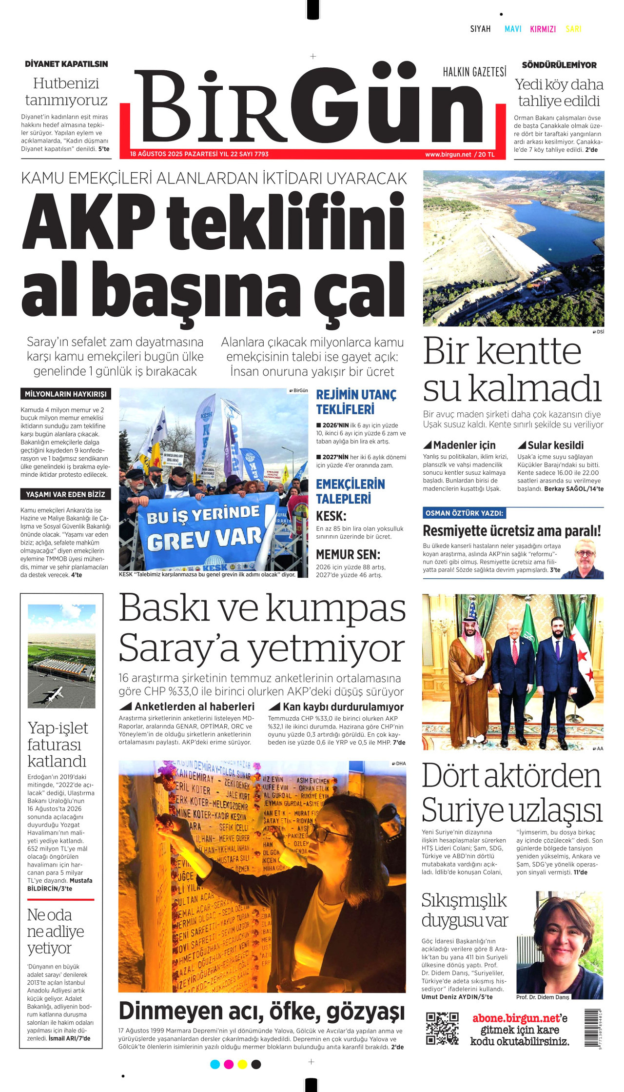 BİRGÜN gazetesinin 18 Ağustos 2025 tarihli birinci sayfası