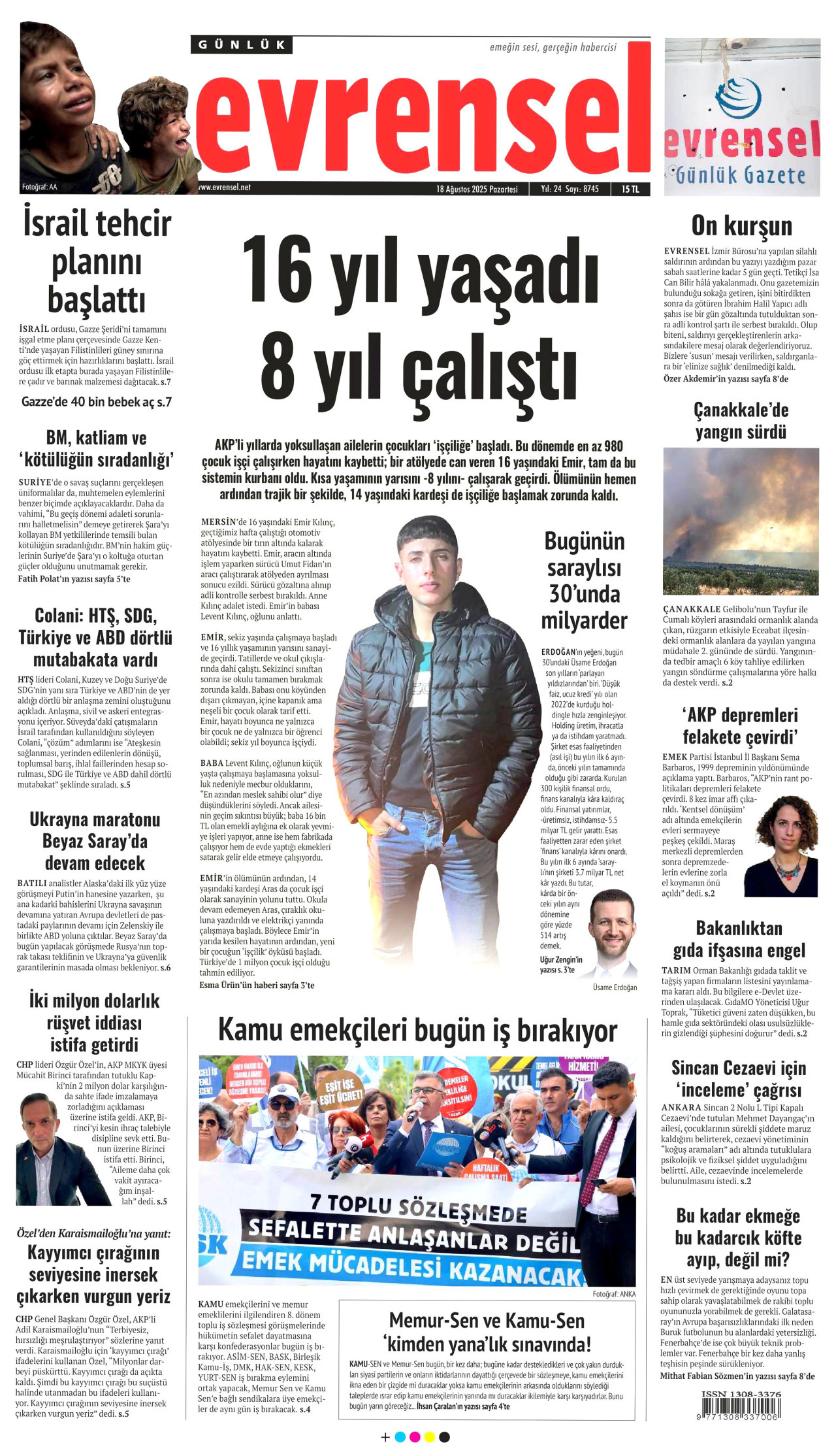 EVRENSEL gazetesinin 18 Ağustos 2025 tarihli birinci sayfası