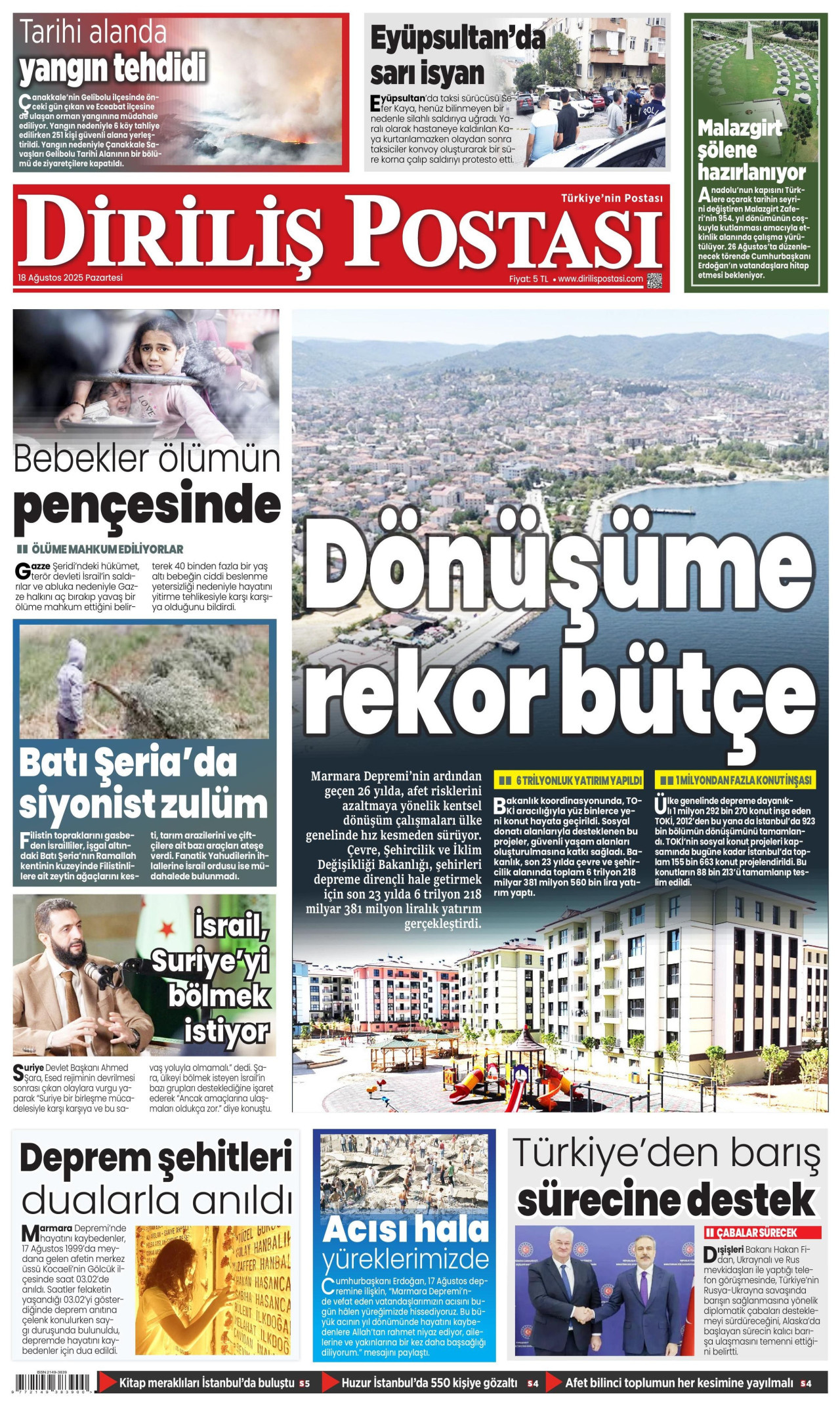 DİRİLİŞ POSTASI gazetesinin 18 Ağustos 2025 tarihli birinci sayfası