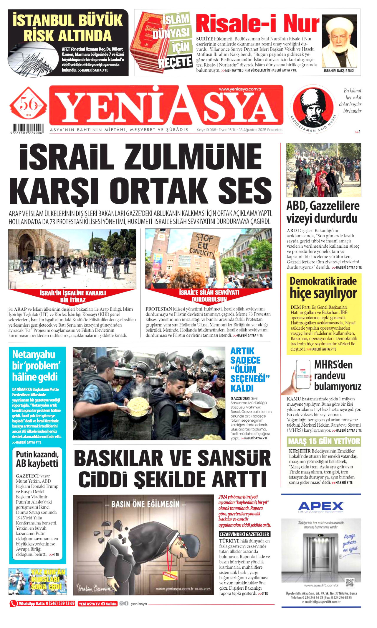 YENİ ASYA gazetesinin 18 Ağustos 2025 tarihli birinci sayfası