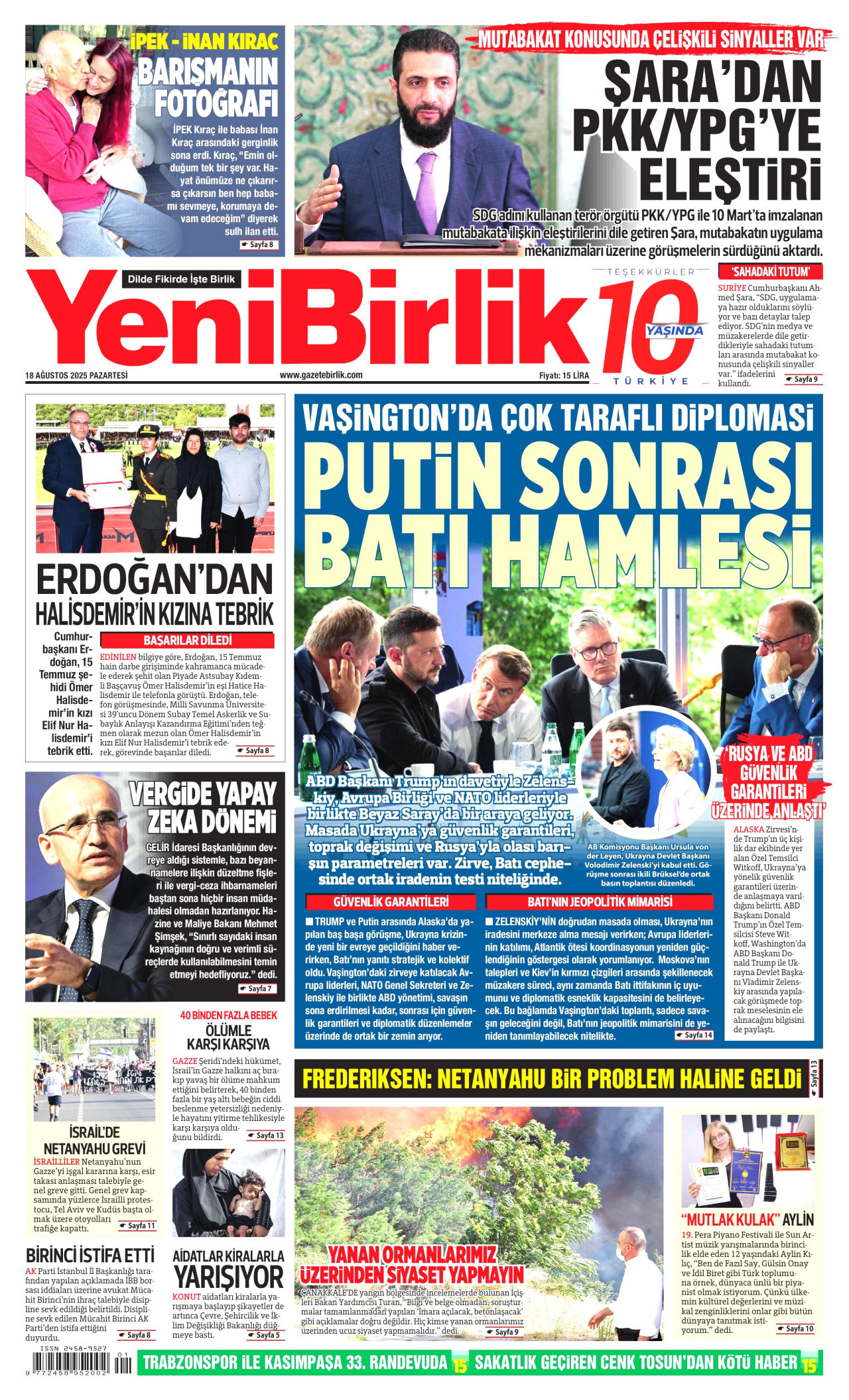 YENİBİRLİK gazetesinin 18 Ağustos 2025 tarihli birinci sayfası