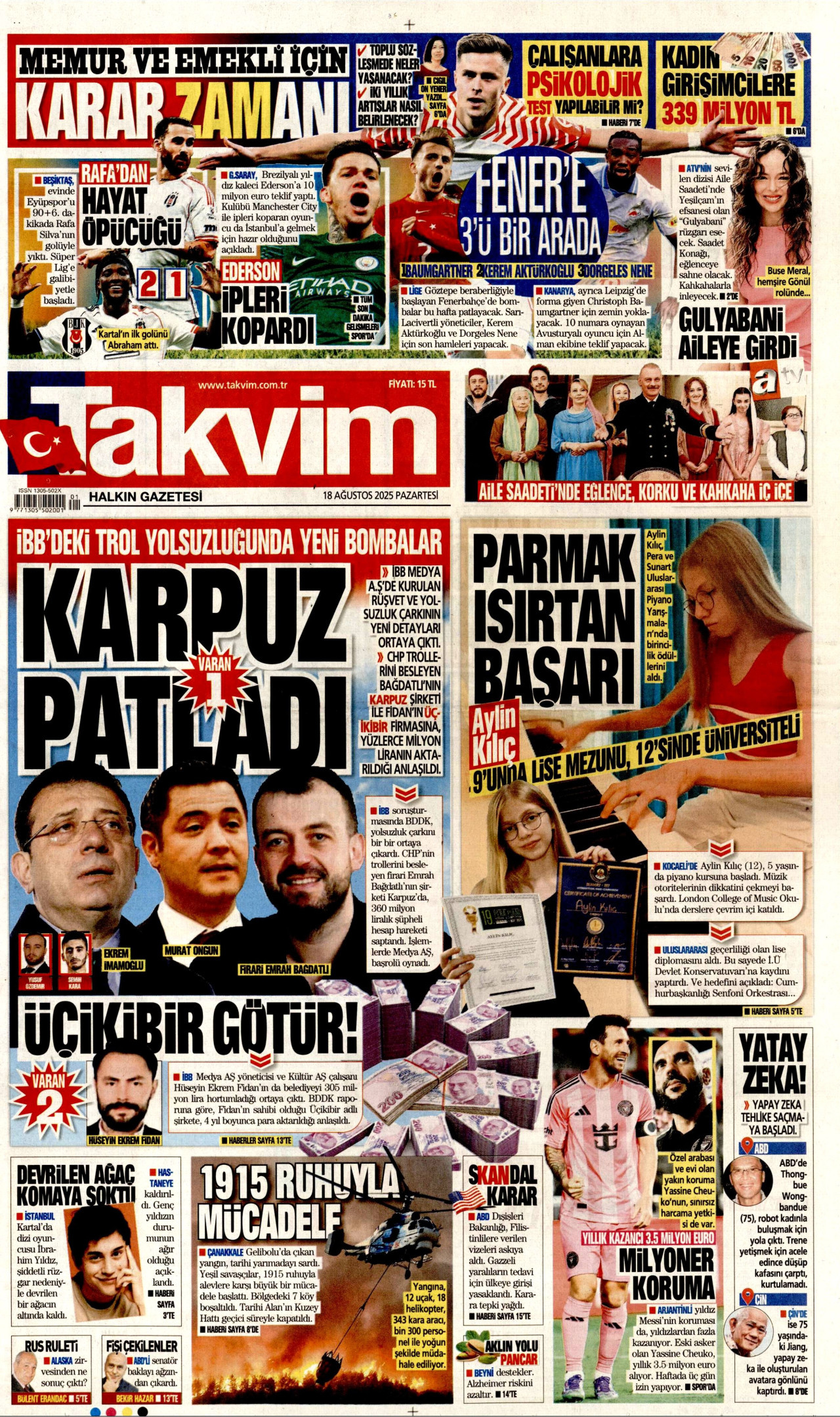 TAKVİM gazetesinin 18 Ağustos 2025 tarihli birinci sayfası