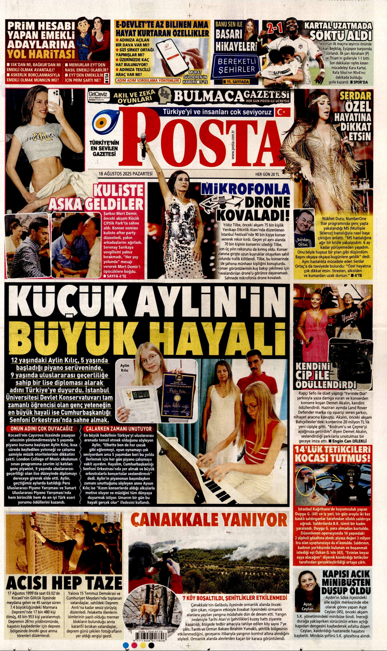 POSTA gazetesinin 18 Ağustos 2025 tarihli birinci sayfası