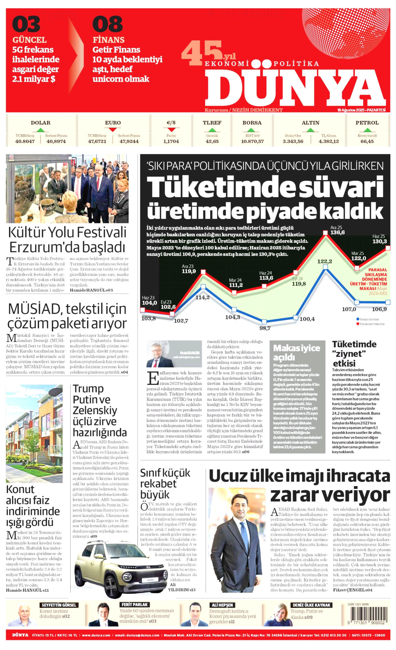 DÜNYA gazetesinin 18 Ağustos 2025 tarihli birinci sayfası
