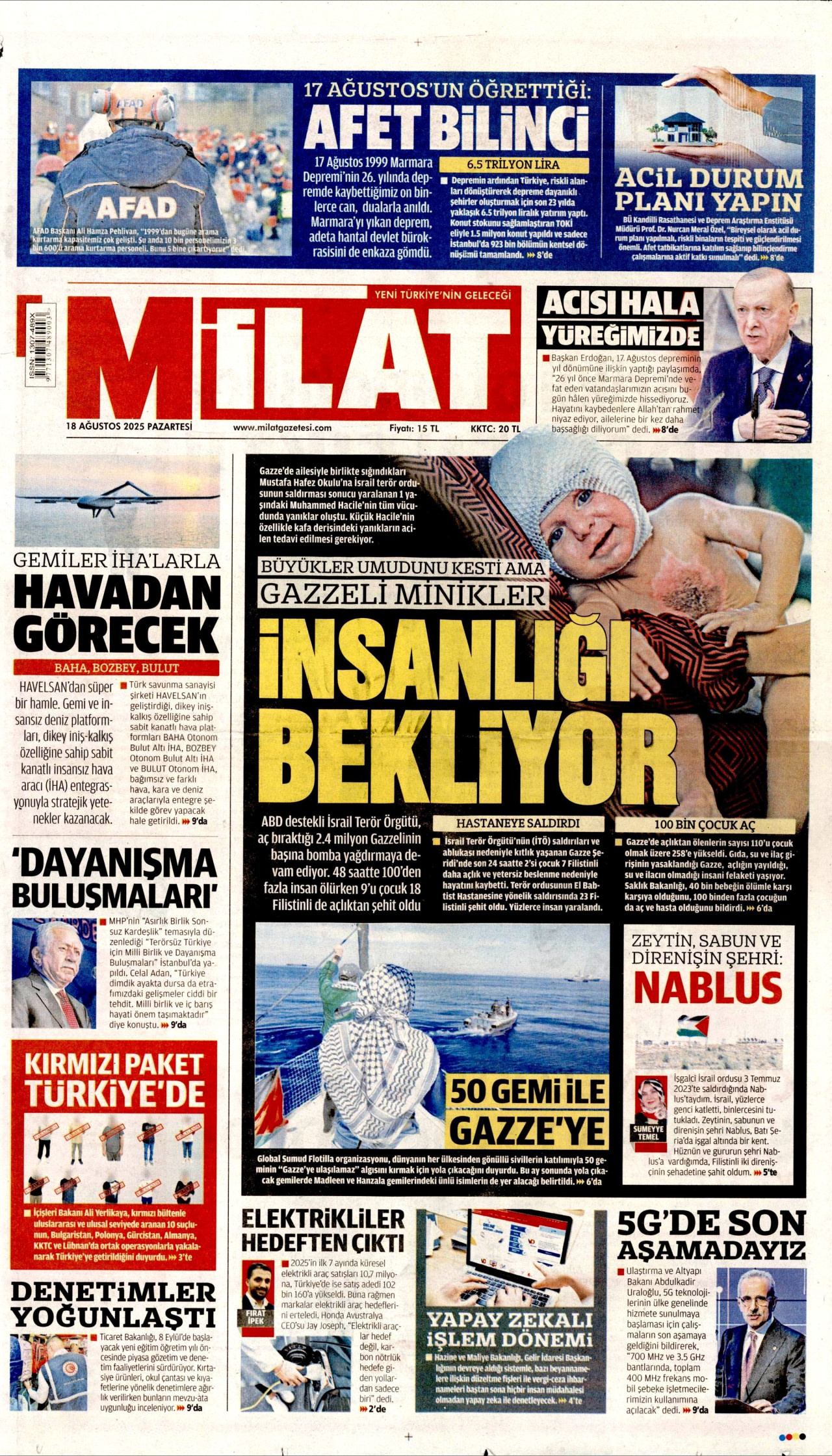 MİLAT gazetesinin 18 Ağustos 2025 tarihli birinci sayfası