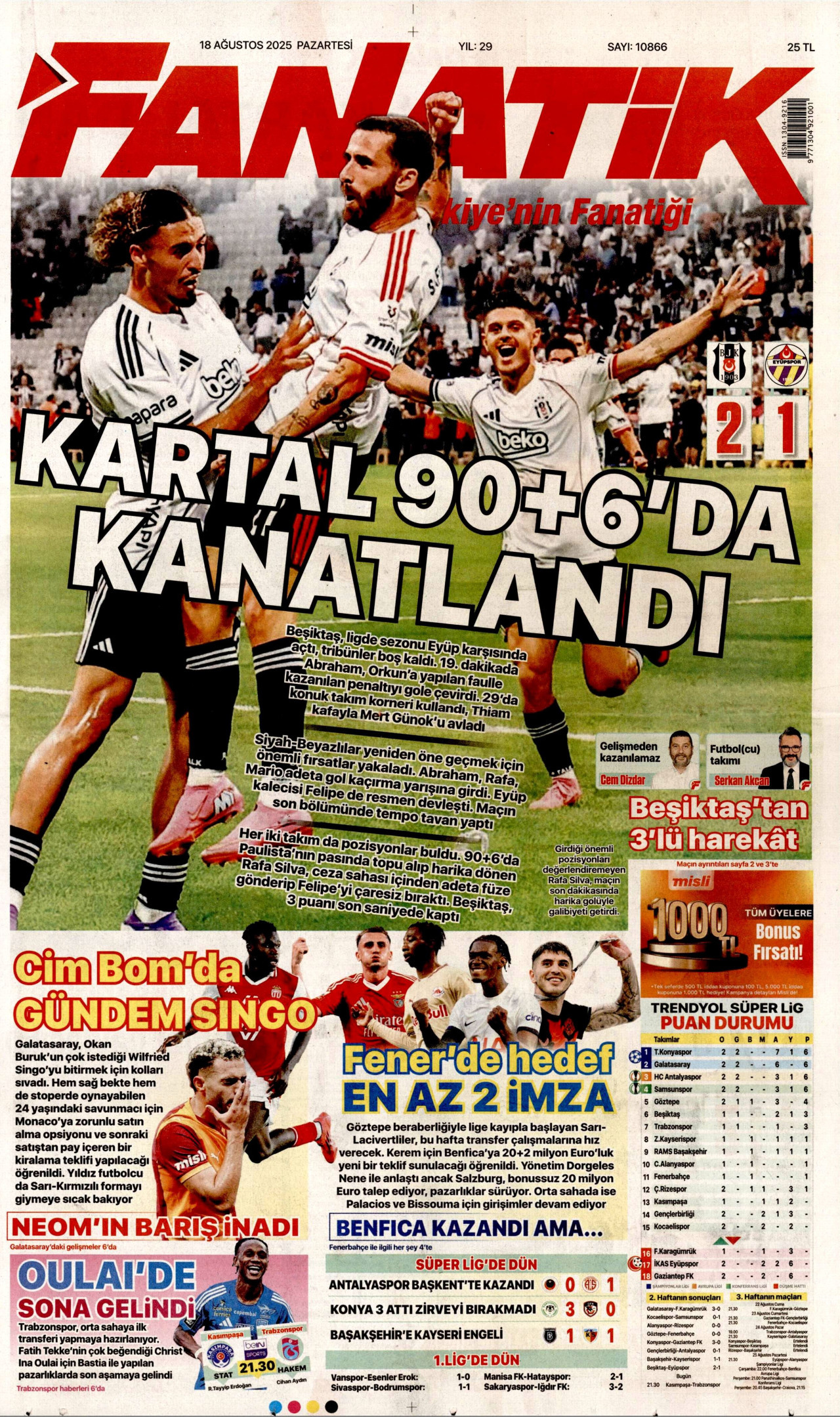 FANATİK gazetesinin 18 Ağustos 2025 tarihli birinci sayfası