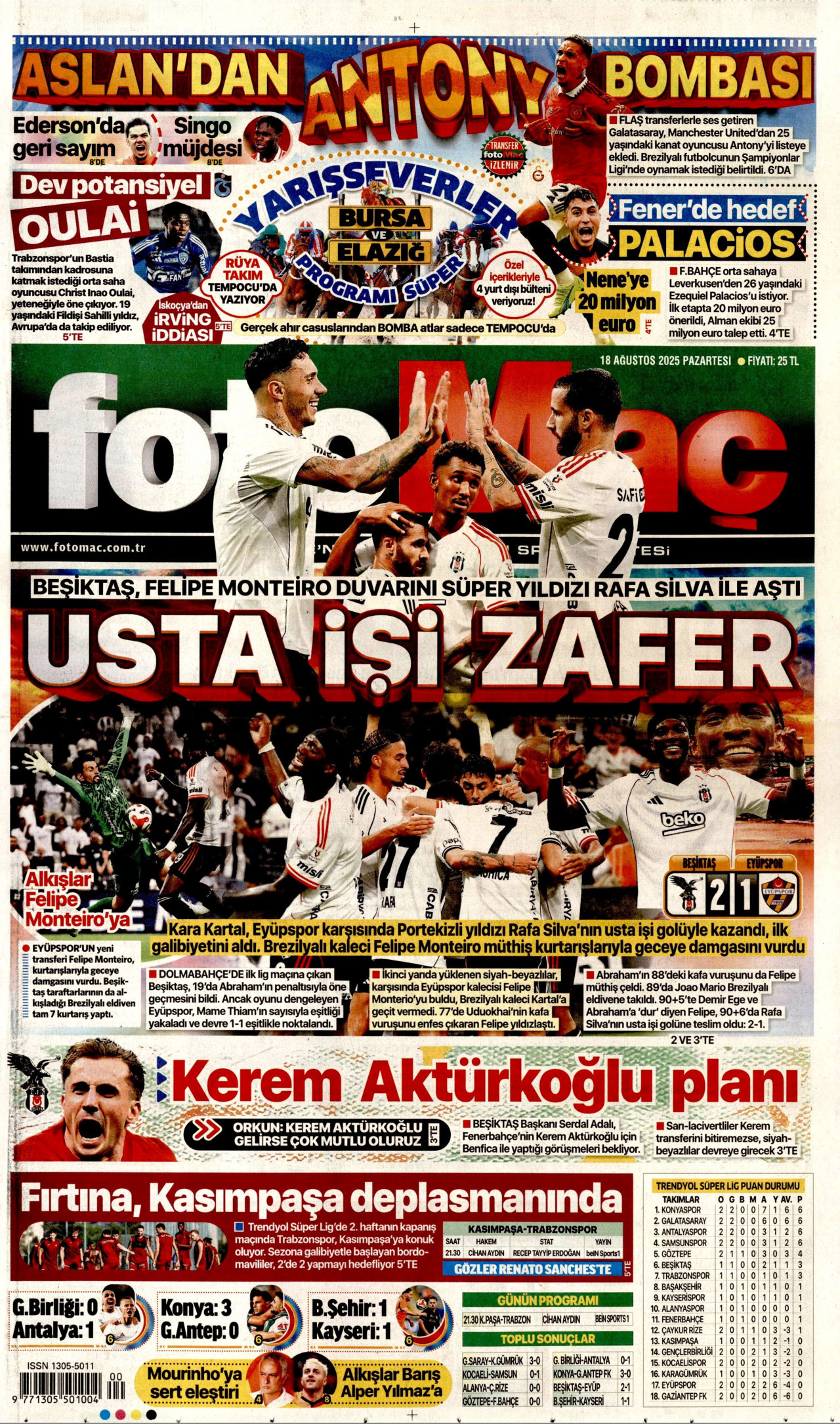 FOTOMAÇ gazetesinin 18 Ağustos 2025 tarihli birinci sayfası
