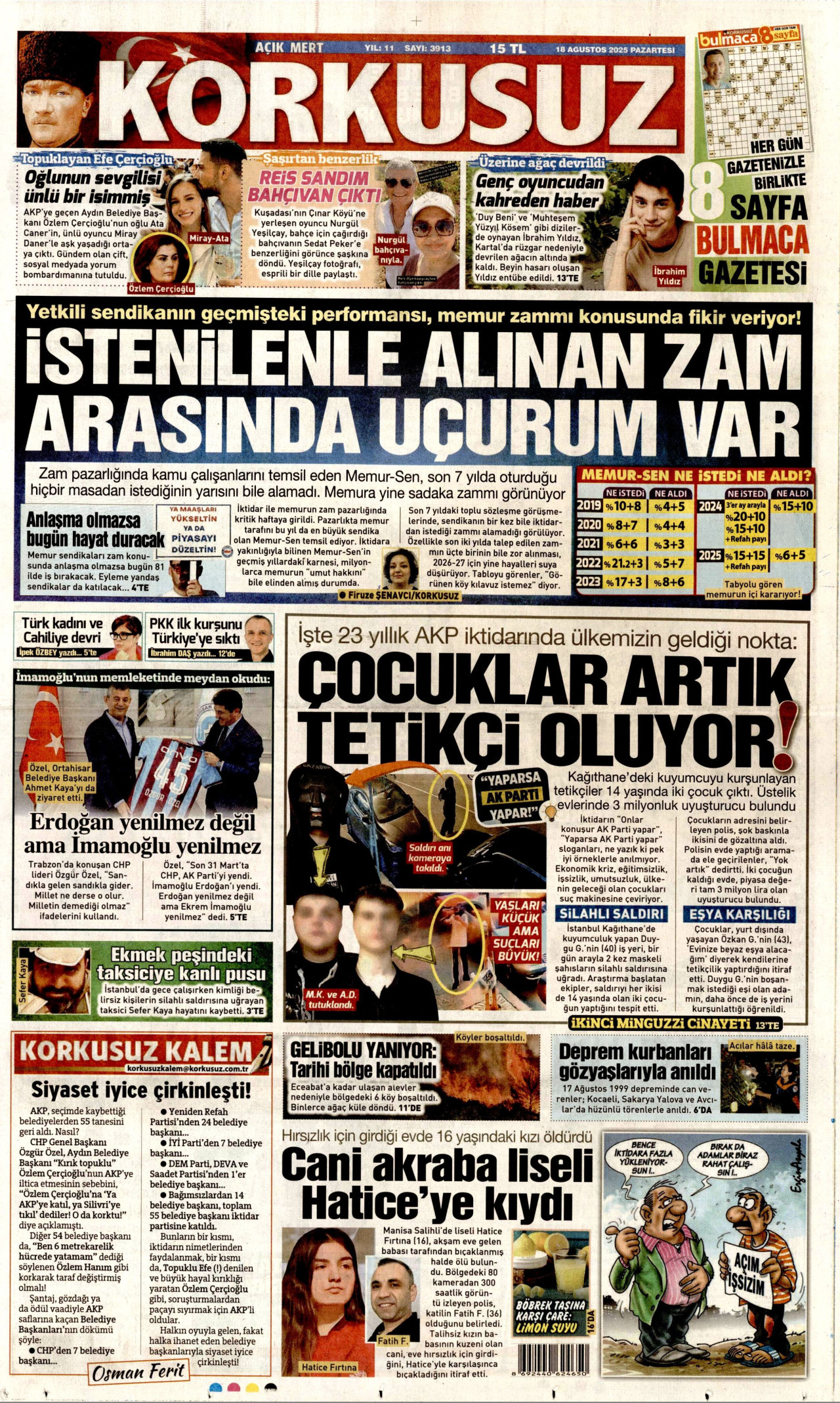 KORKUSUZ gazetesinin 18 Ağustos 2025 tarihli birinci sayfası
