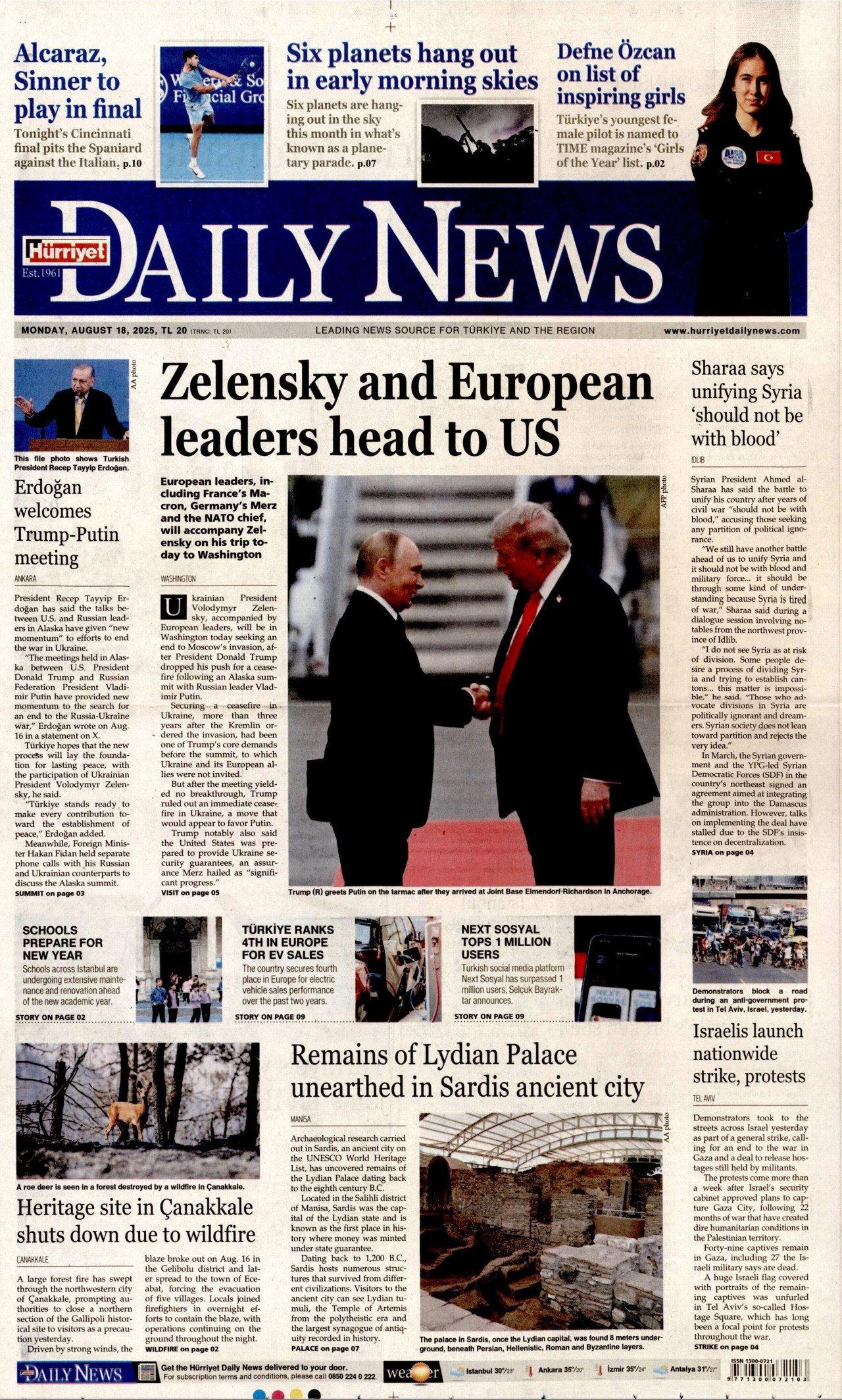 HÜRRİYET DAİLY NEWS gazetesinin 18 Ağustos 2025 tarihli birinci sayfası