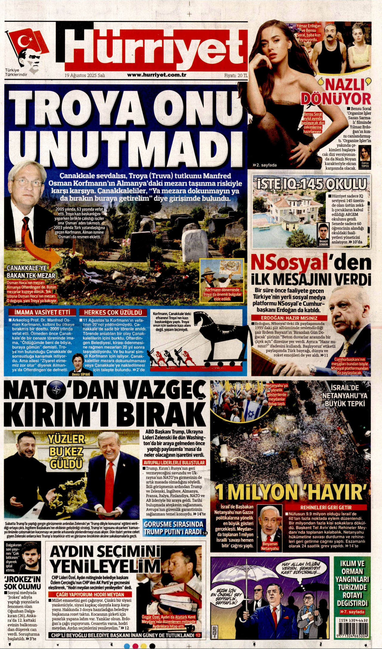 HÜRRİYET gazetesinin 19 Ağustos 2025 tarihli birinci sayfası