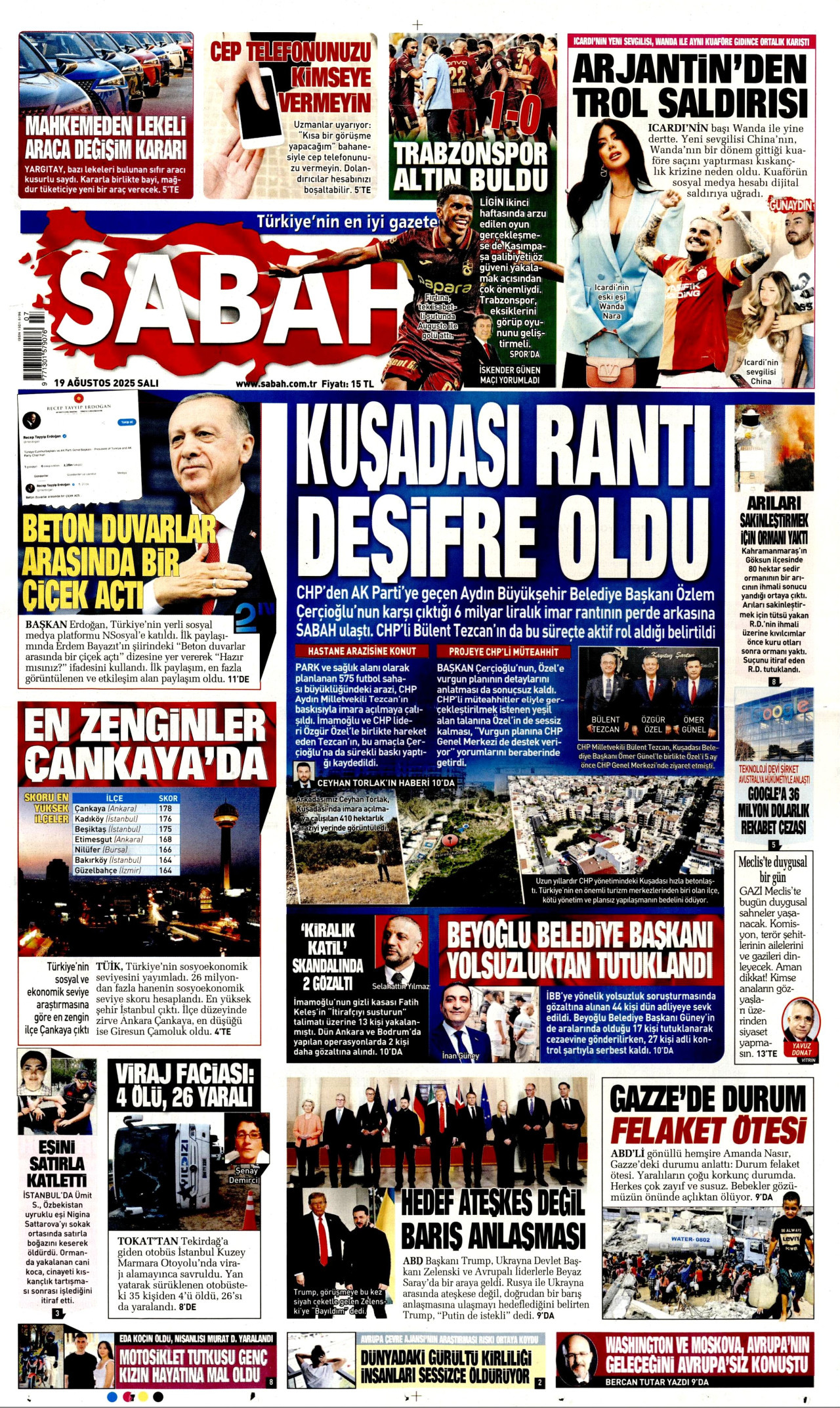SABAH gazetesinin 19 Ağustos 2025 tarihli birinci sayfası