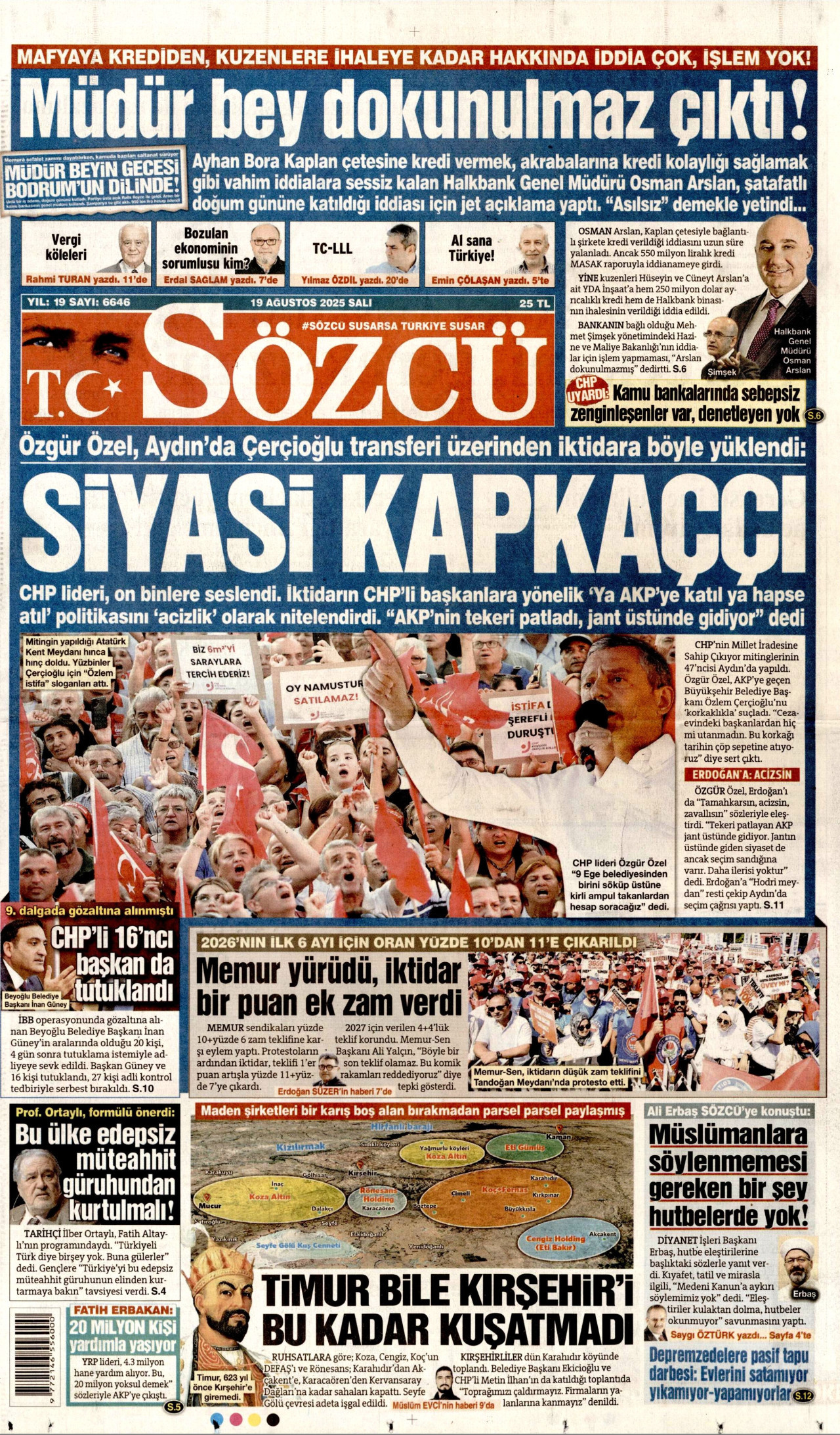 SÖZCÜ gazetesinin 19 Ağustos 2025 tarihli birinci sayfası