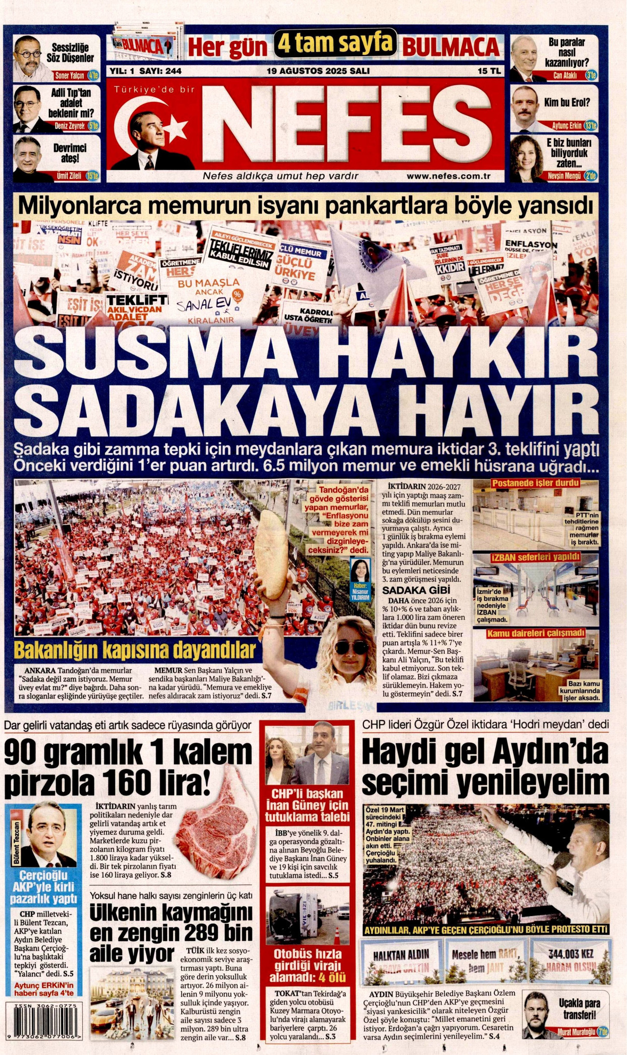 NEFES gazetesinin 19 Ağustos 2025 tarihli birinci sayfası