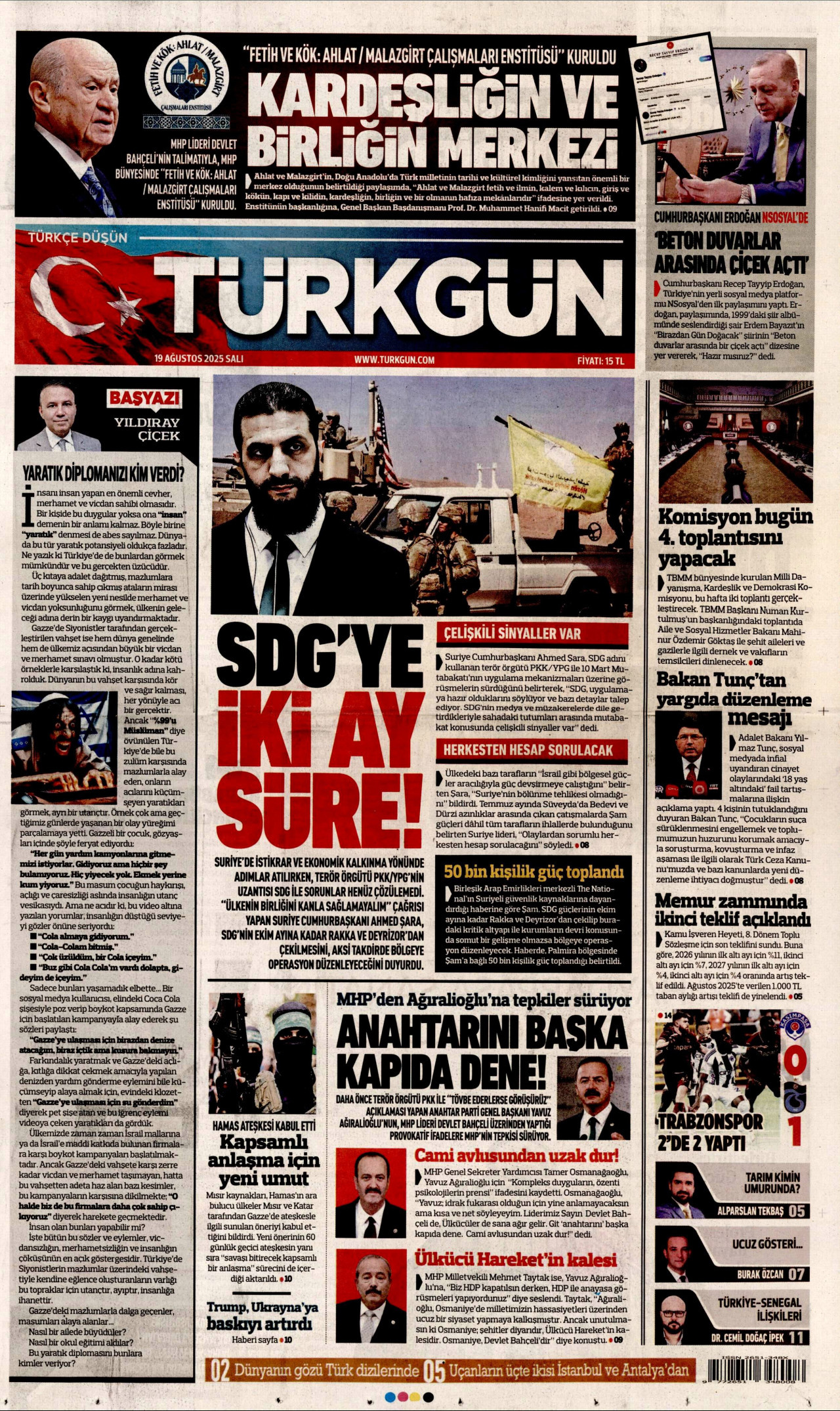 TÜRKGÜN gazetesinin 19 Ağustos 2025 tarihli birinci sayfası