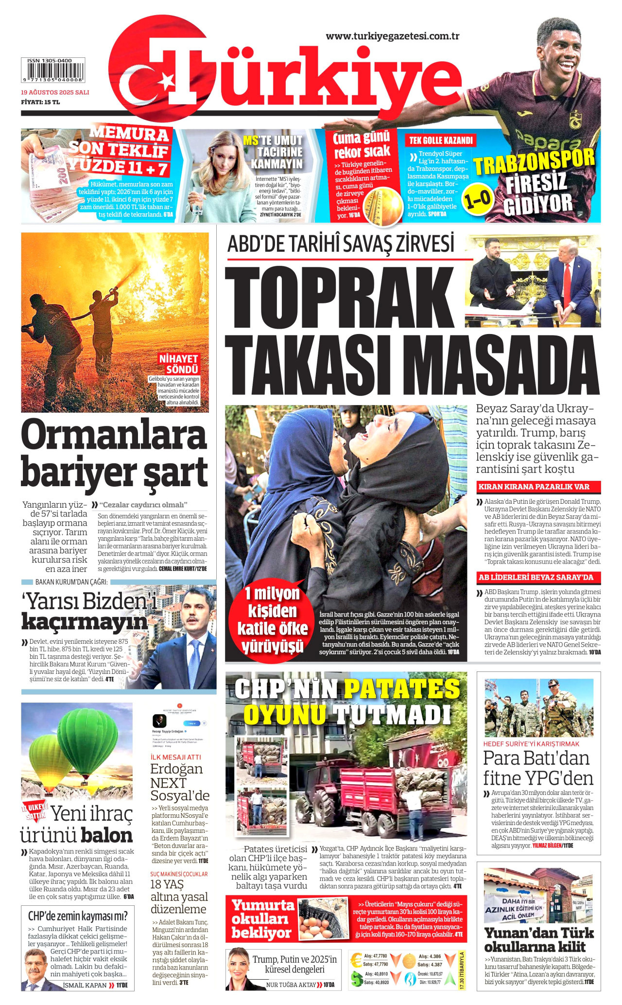 TÜRKİYE GAZETESİ gazetesinin 19 Ağustos 2025 tarihli birinci sayfası