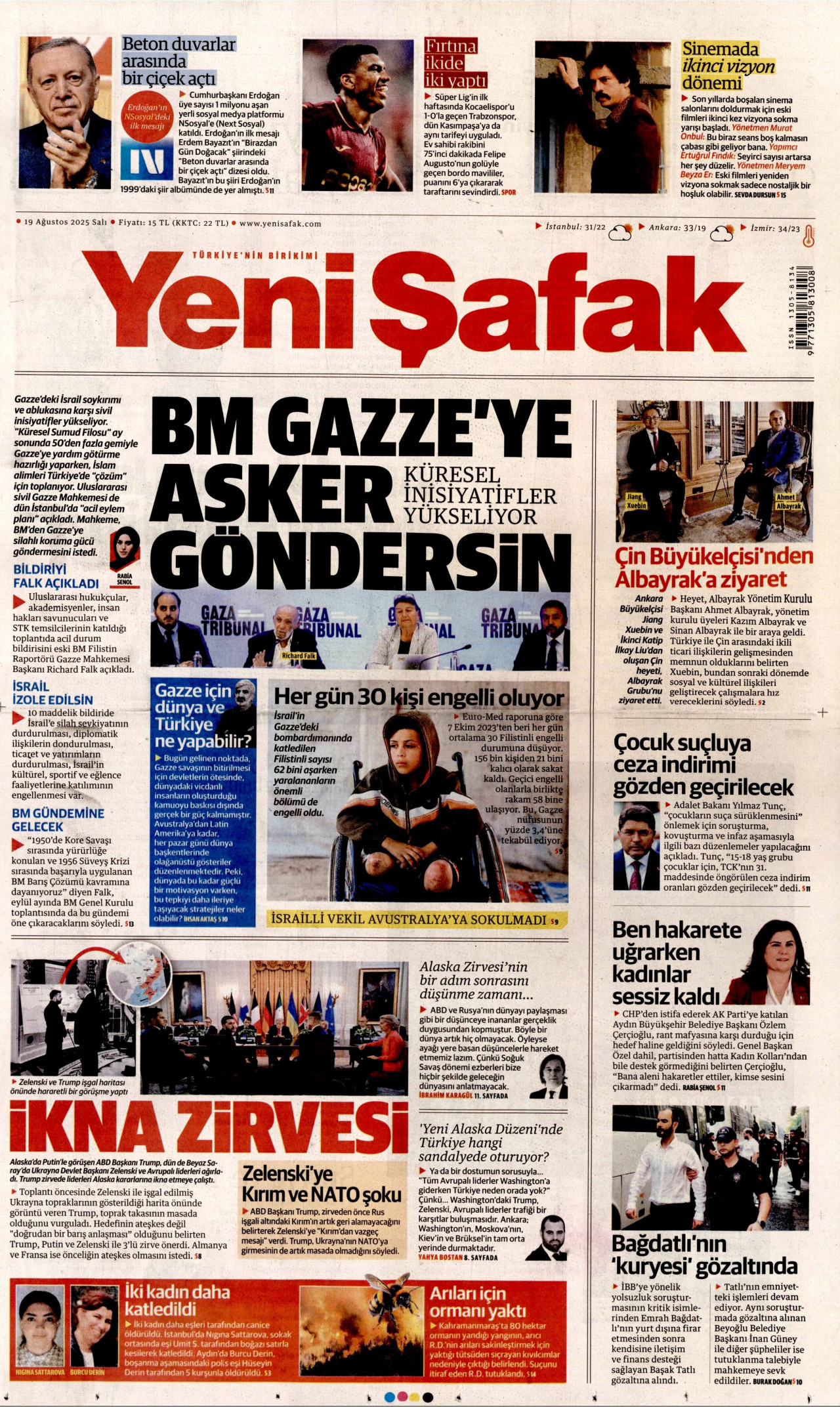 YENİ ŞAFAK gazetesinin 19 Ağustos 2025 tarihli birinci sayfası