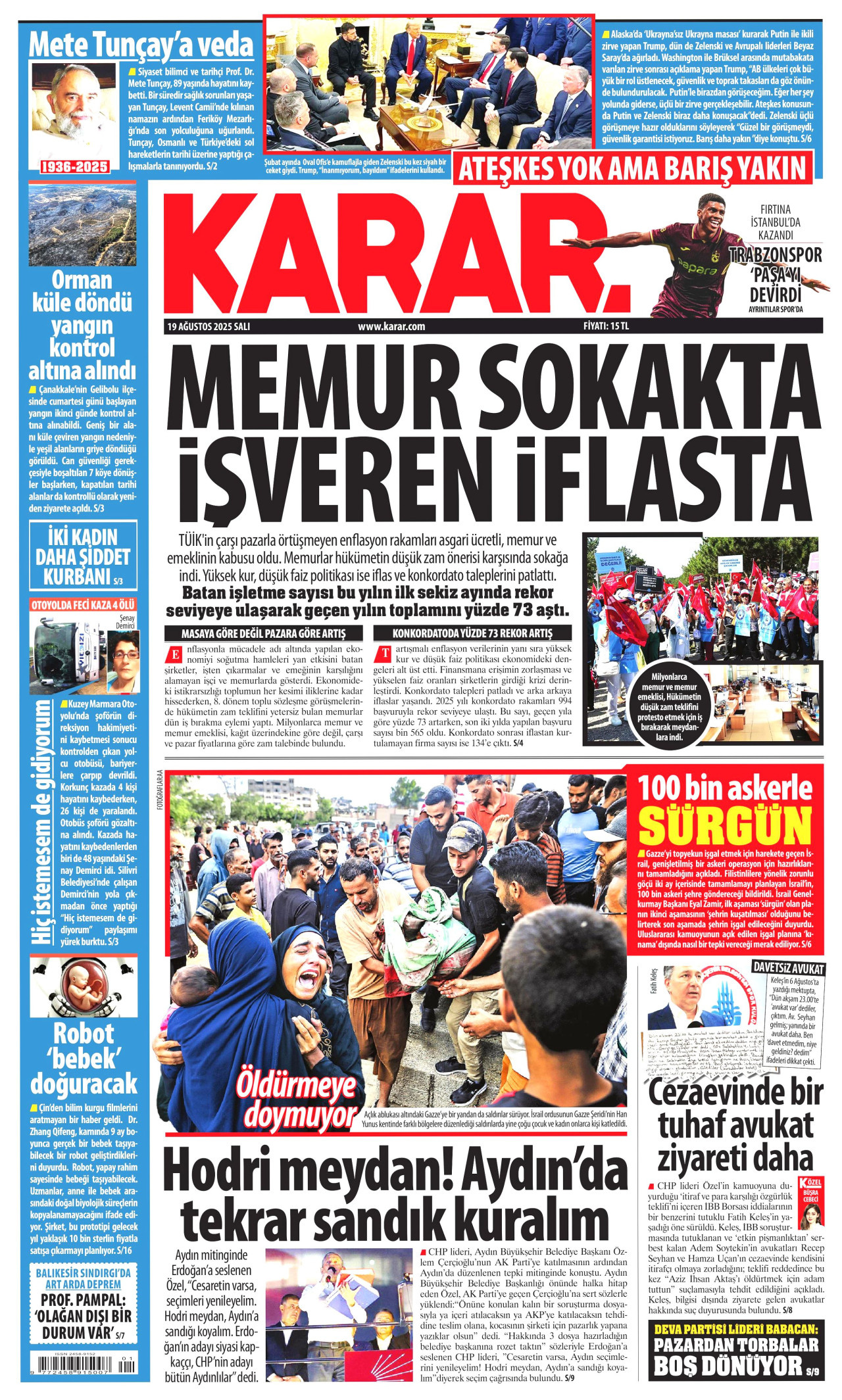KARAR gazetesinin 19 Ağustos 2025 tarihli birinci sayfası